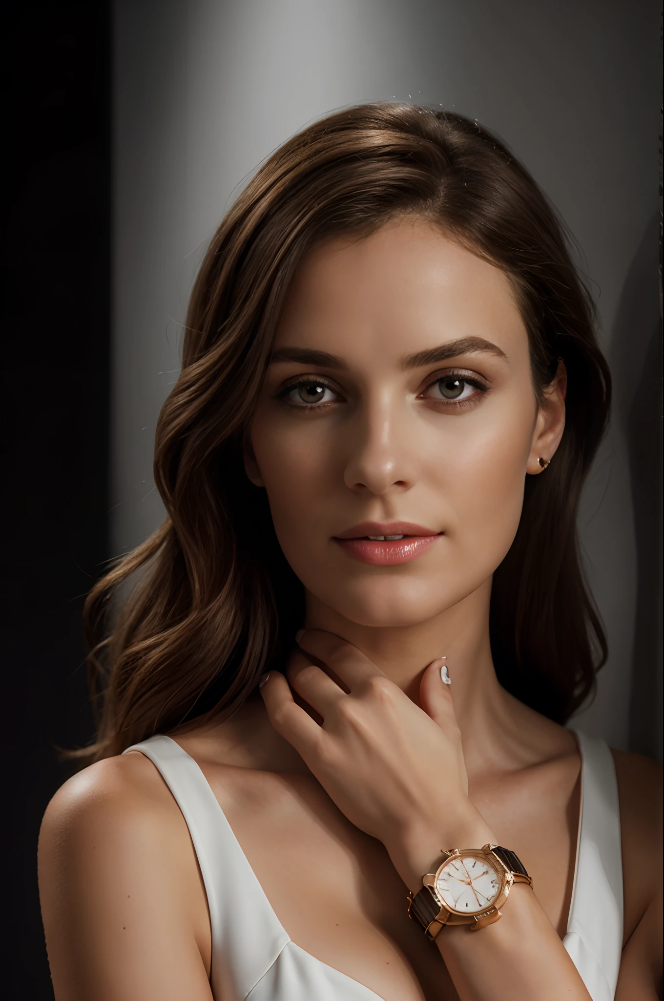 magazine photoshoot，tmasterpiece，Portrait bust photo，A European woman wears a watch in her left hand，Elegant posture shows hands，real looking skin，high detailed skin detail，Only one watch appears in the picture，A high resolution，8K，Studio lighting，Photographed by world-renowned portrait photographers