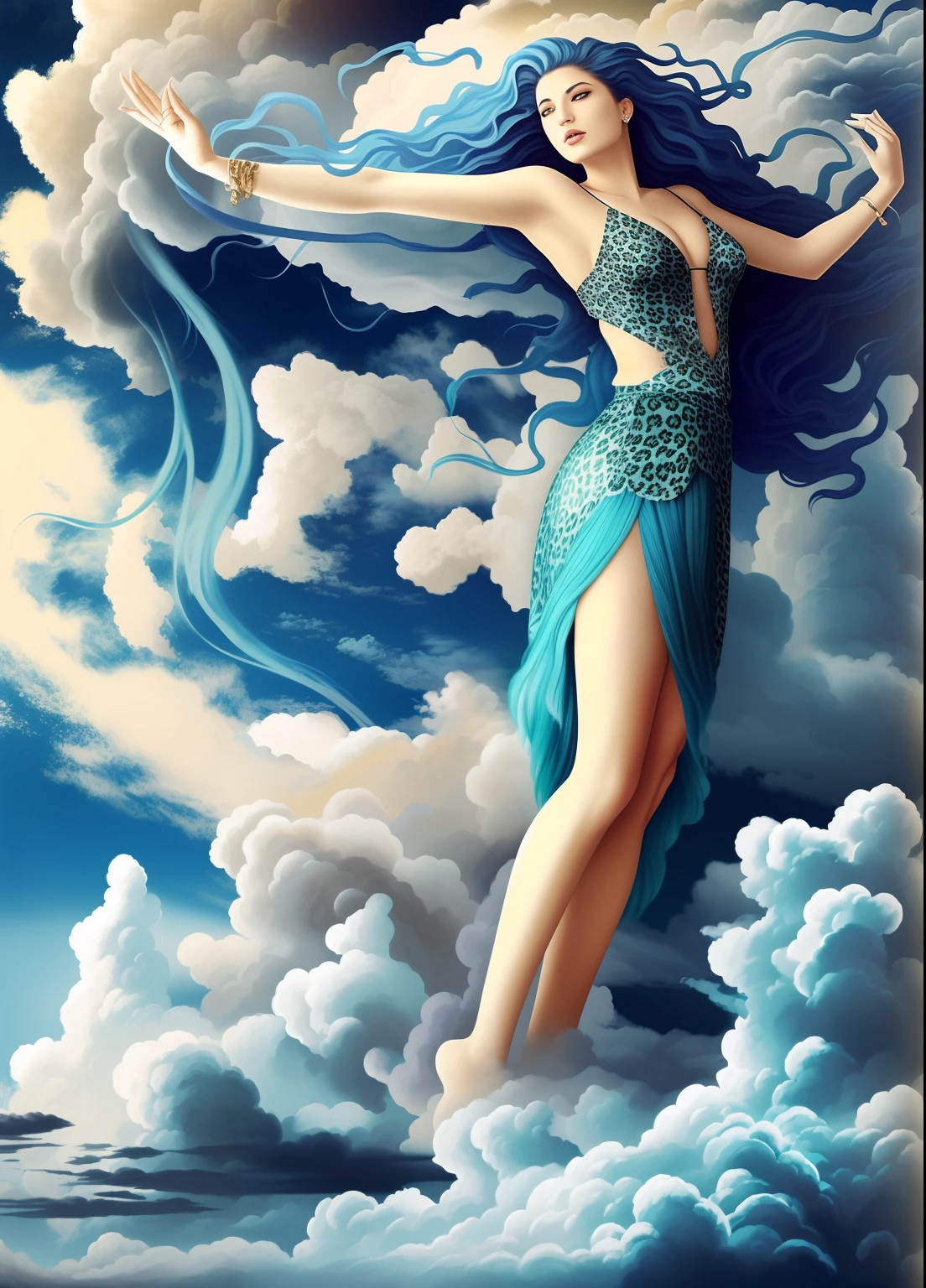 There is a woman and two monsters on the clouds， The goddess's hair turns into clouds，Grab the clouds in the sky with both hands，The monster has cheetah-like spots，Leopard claws，Red wings，Ferocious，The head shines，dense clouds，Single background，Clean and consistent tone，dreamworld，Bizarre sky，alien worlds，