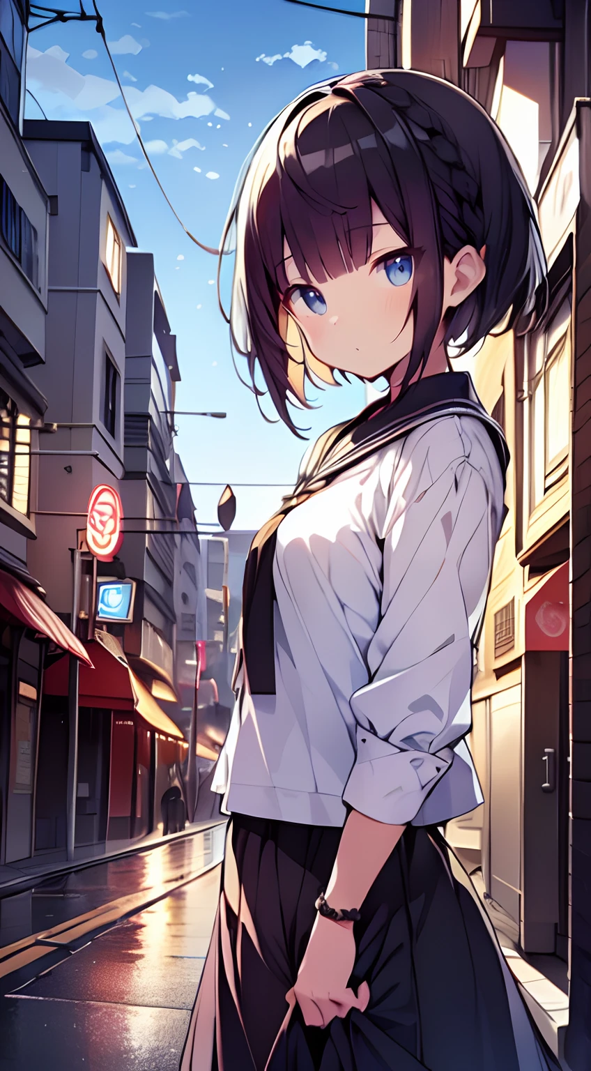 masutepiece, Best Quality,Illustration, Wallpaper, Ultra Detail, absurderes, 1loli, Solo, (Medium short hair、short braided hair), Beautiful detailed eyes , (Street), luminous sky,(a panoramic view:1.3),(Sense of depth:1.5)