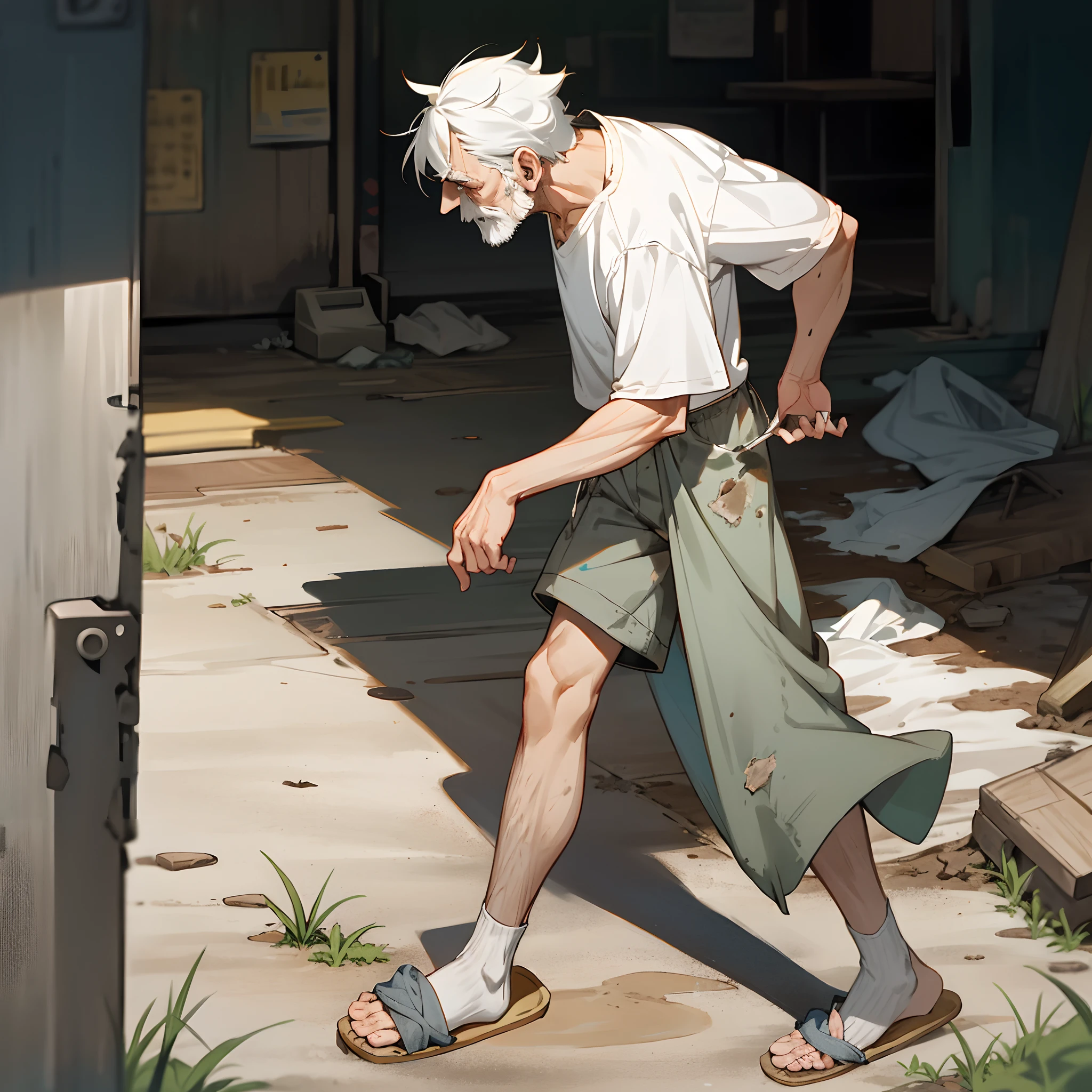 Old man gray shorts shorts，On dirty feet，Tattered slippers,walk，Real Human，poor