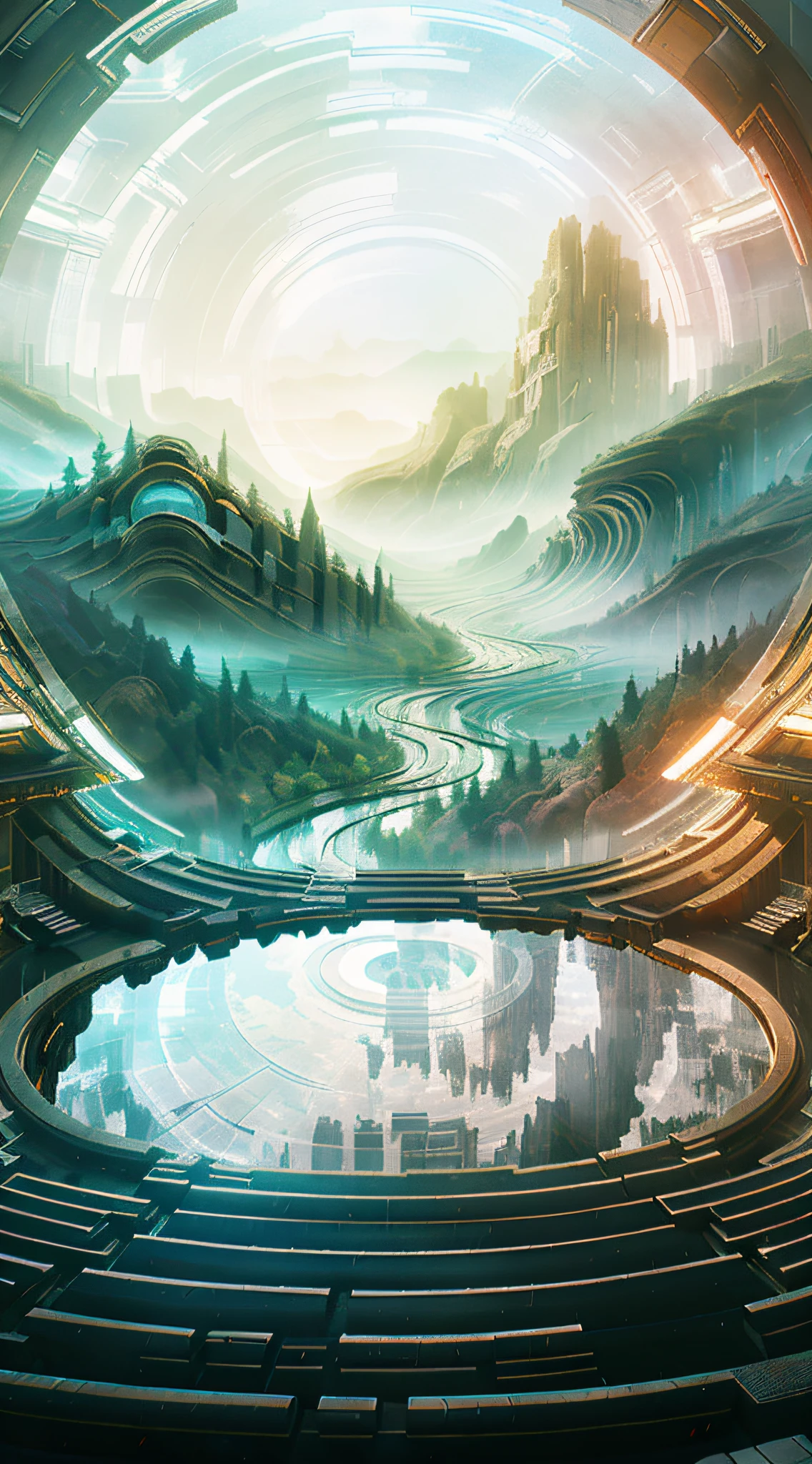 In a circular room with a futuristic valley，Abstract and beautiful landscape rendering，Flowing hills and airy landscape。Enjoy symmetrical fantasy landscapes and surreal dreamscapes at the same time，You can also enjoy the detailed and peaceful scenery，It's like dreamy scenes and abstract landscapes in surrealist landscape paintings。