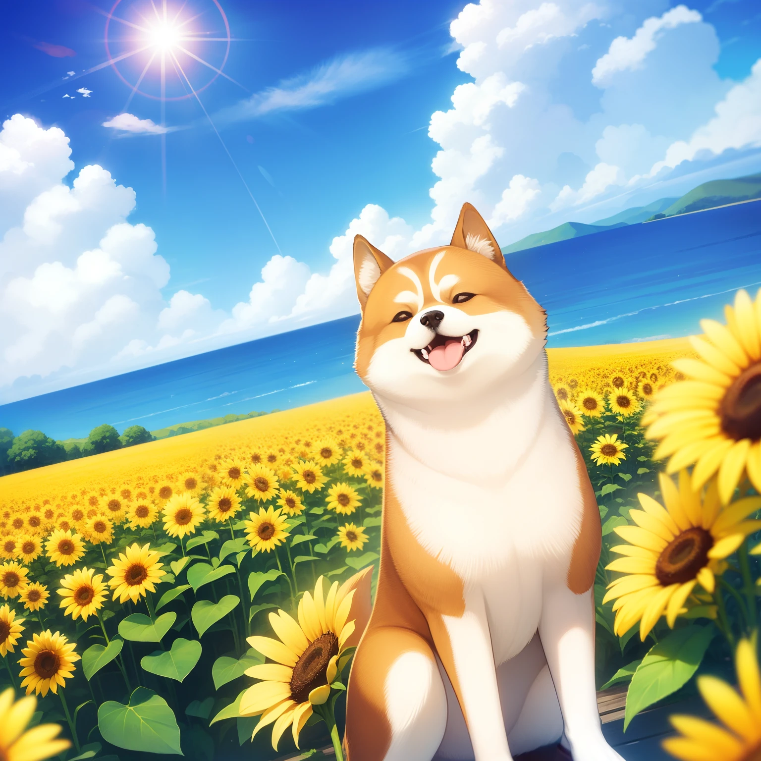 Sun flower、blue-sky、white clouds、Sunnyday、Beautiful scenery、Shiba dog