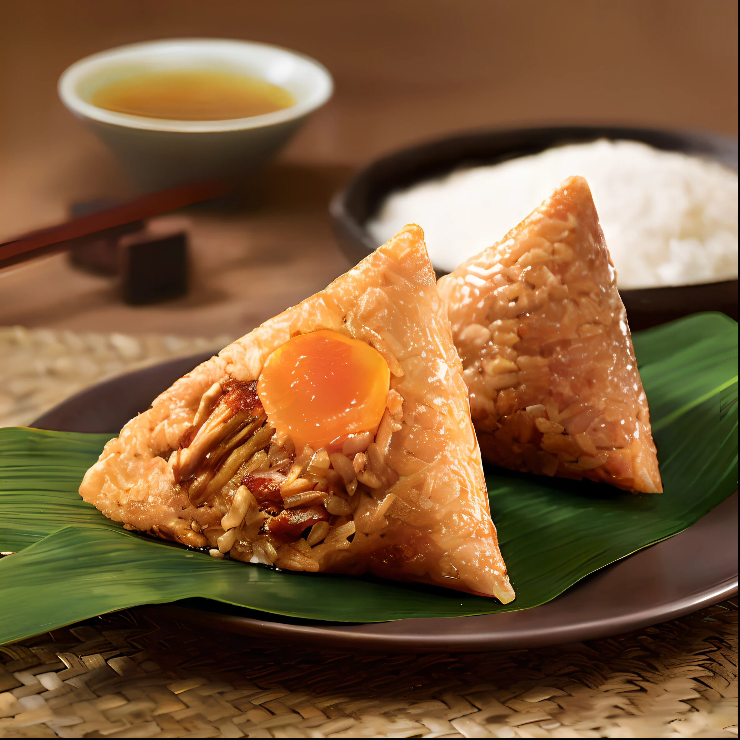 Zongzi, glutinous rice wrapped in egg yolk and meat, food, ultra-fine 8K CG, warm, tempting