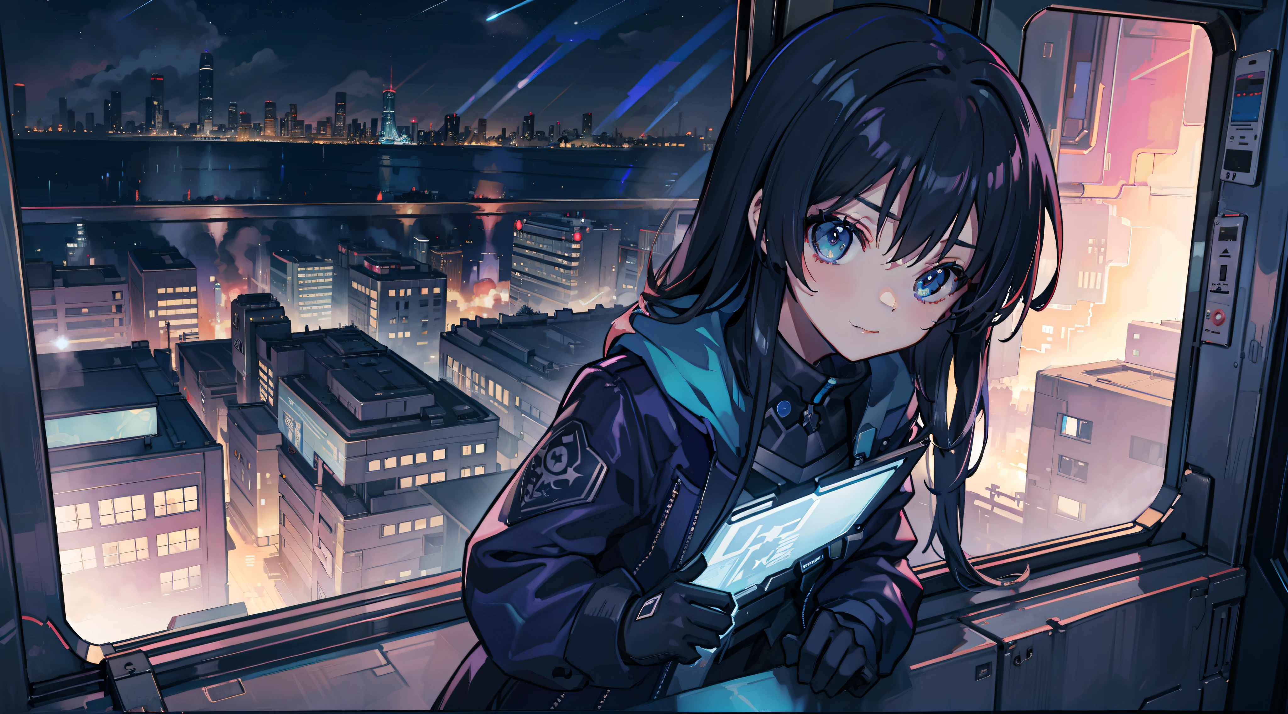 Detailed background,cyber punk perssonage,Blue tone,fantasy,nighttime city,Train window,orbiting,viaduct,the sideview,s girl,Sit by the window,Put your hands in your pockets,Lazy,ssmile,exquisite lighting and shadows,black long straight hair,校服,Slanted perspective,Focus point,From the outside in