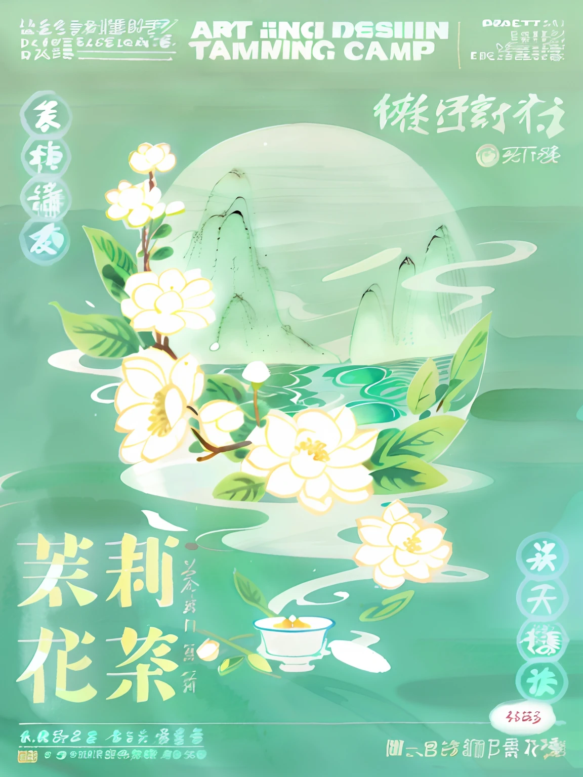 Jasmine and a mountain in the background, Chinese painting style, Chinese watercolor style,Jasmine teacup illustration, Inspired by Xiao Yuncong, Poster illustration, inspired by Hu Jieqing, inspired by Xie Shichen, inspired by Ma Yuanyu, Chinese style painting, surreal waiizi flowers