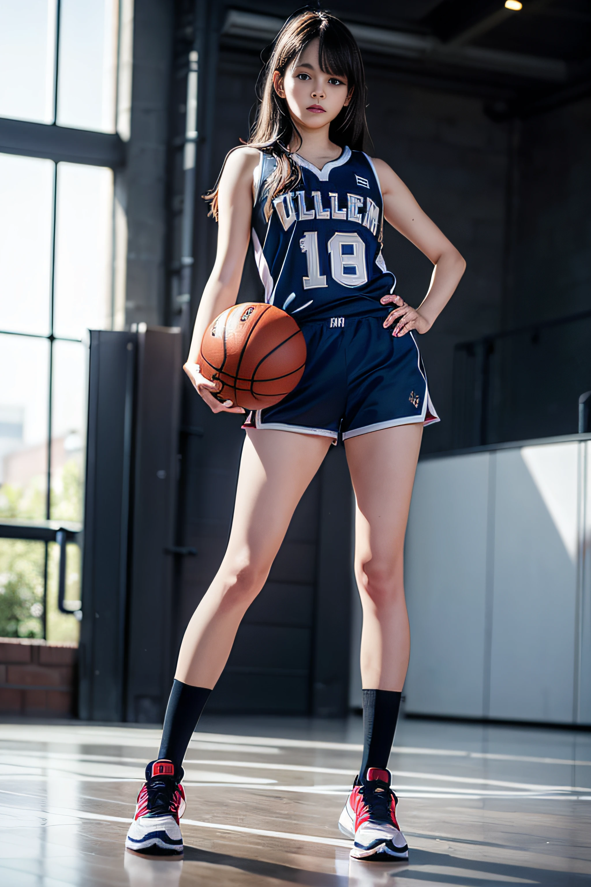 (8k, Best Quality, Masterpiece: 1.2), (Realistic, Realistic: 1.37), Ultra Detailed, Best Quality, Ultra High Resolution, Professional Lighting, Photon Mapping, Radiosity, Physically Based Rendering, Cinematic Lighting, Basketball Court, Depth of Field, Sharpness focus, sunlight, good composition, (bokeh: 1.2) 1girl, solo, (full body), (closed mouth), beautiful and detailed eyes, pose, narrow waist, basketball uniform, black hair, messy hair, long hair blowing in the wind, (ulzzang-6500:1.2) mix4, hiqcgbody
