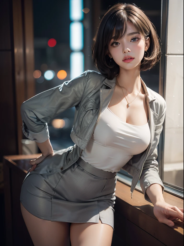 (Best quality), (masterpiece:1.3), (photorealistic:1.36), (realistic), ultra-detailed,, detailed background, 1Office lady, solo, 22 years old, slender body with, Little breast, slender breast, short cut hair, stylish white shirt with fringe, gray jacket, tight gray skirt with shallow slit, simple pendant, natural makeup, light brown hair color, gray eyes, crescent moon eyebrows, forehead-baring hairstyle, hair over ears, sparkling eyes, pouty lips, one mole by right eye, detailed eyes and hair, cel Shading, hands on hips, looking up, upper angle, Japanese Downtown at night, tote bag, person-of-view, natural light,