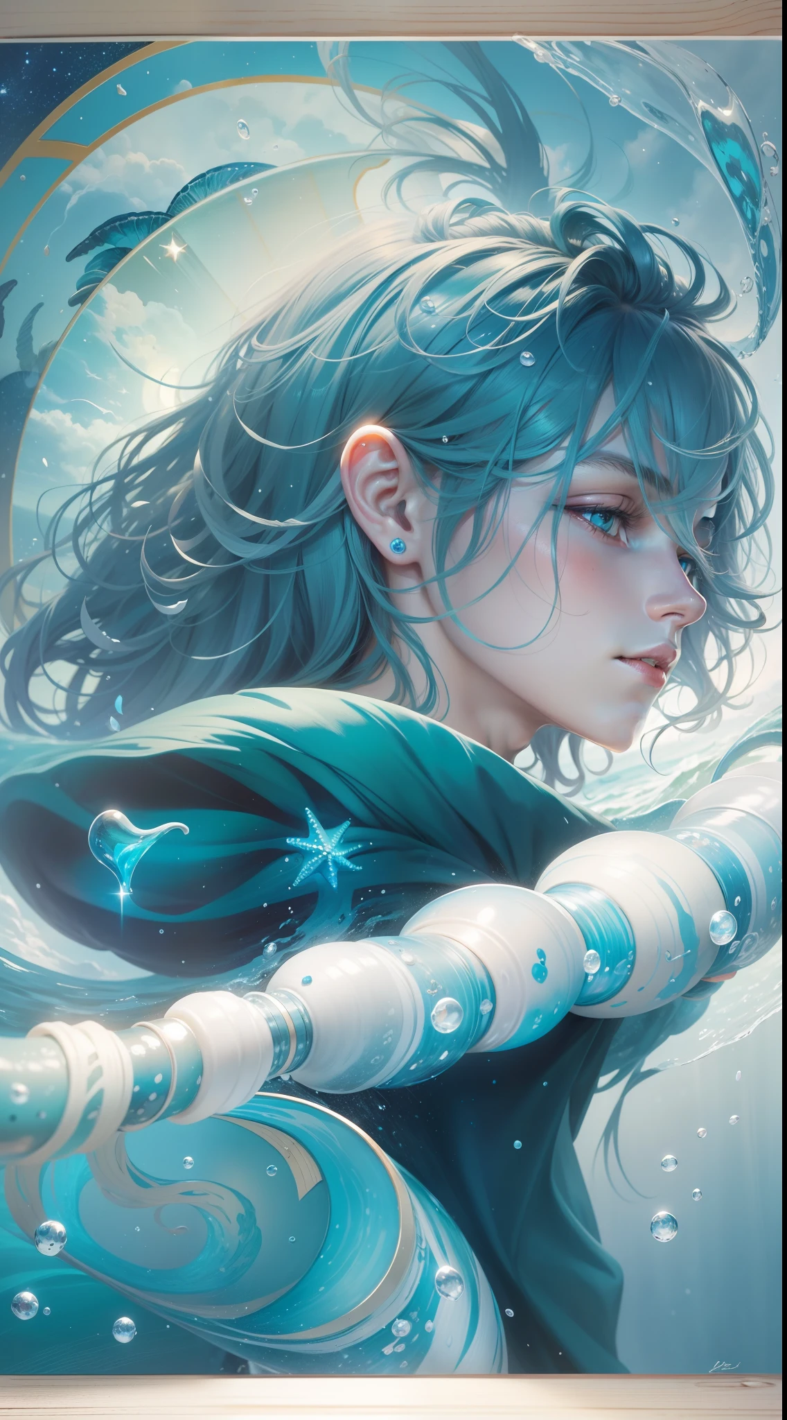 Handsome ager,Blue moonlight,stars,solo,Fit and fit:1.5,Ocean effect:1.5,sea shell,pearls,Plate painting oil painting style:1.5