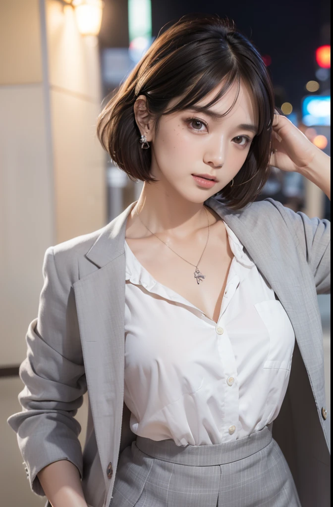 (Best quality), (masterpiece:1.3), (photorealistic:1.36), (realistic), ultra-detailed,, detailed background, 1Office lady, solo, 22 years old, slender body with, Little breast, slender breast, short cut hair, stylish white shirt with fringe, gray jacket, tight gray skirt with shallow slit, simple pendant, natural makeup, light brown hair color, gray eyes, crescent moon eyebrows, forehead-baring hairstyle, hair over ears, sparkling eyes, pouty lips, one mole by right eye, detailed eyes and hair, cel Shading, hands on hips, looking up, upper angle, Japanese Downtown at night, tote bag, person-of-view, natural light,