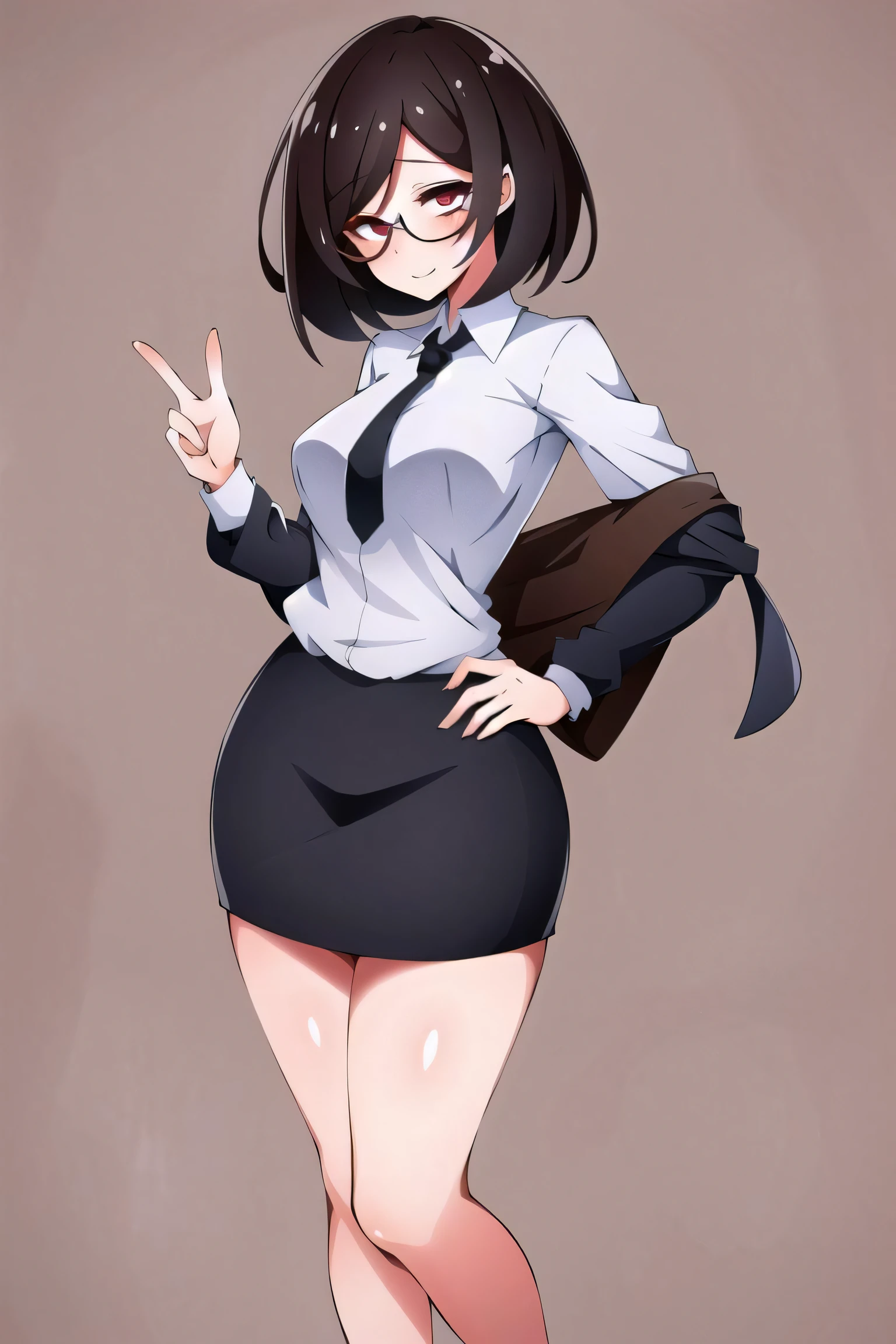 (best quality), detailed,1girl, solo,looking at viewer,simple background,
dynamic pose,smile ,detailed eyes , full body, red eyes, dark hair ,  bob cut, office lady, mature male, necktie, glasses, miniskirt,