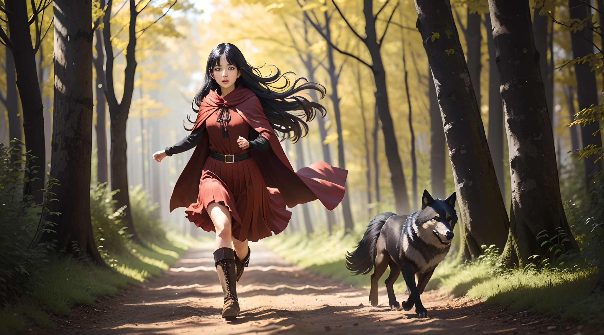 Wearing a red cape and long skirt，Brown blouse and boots，black hair girl，A brown wolf next to it，running in the forest