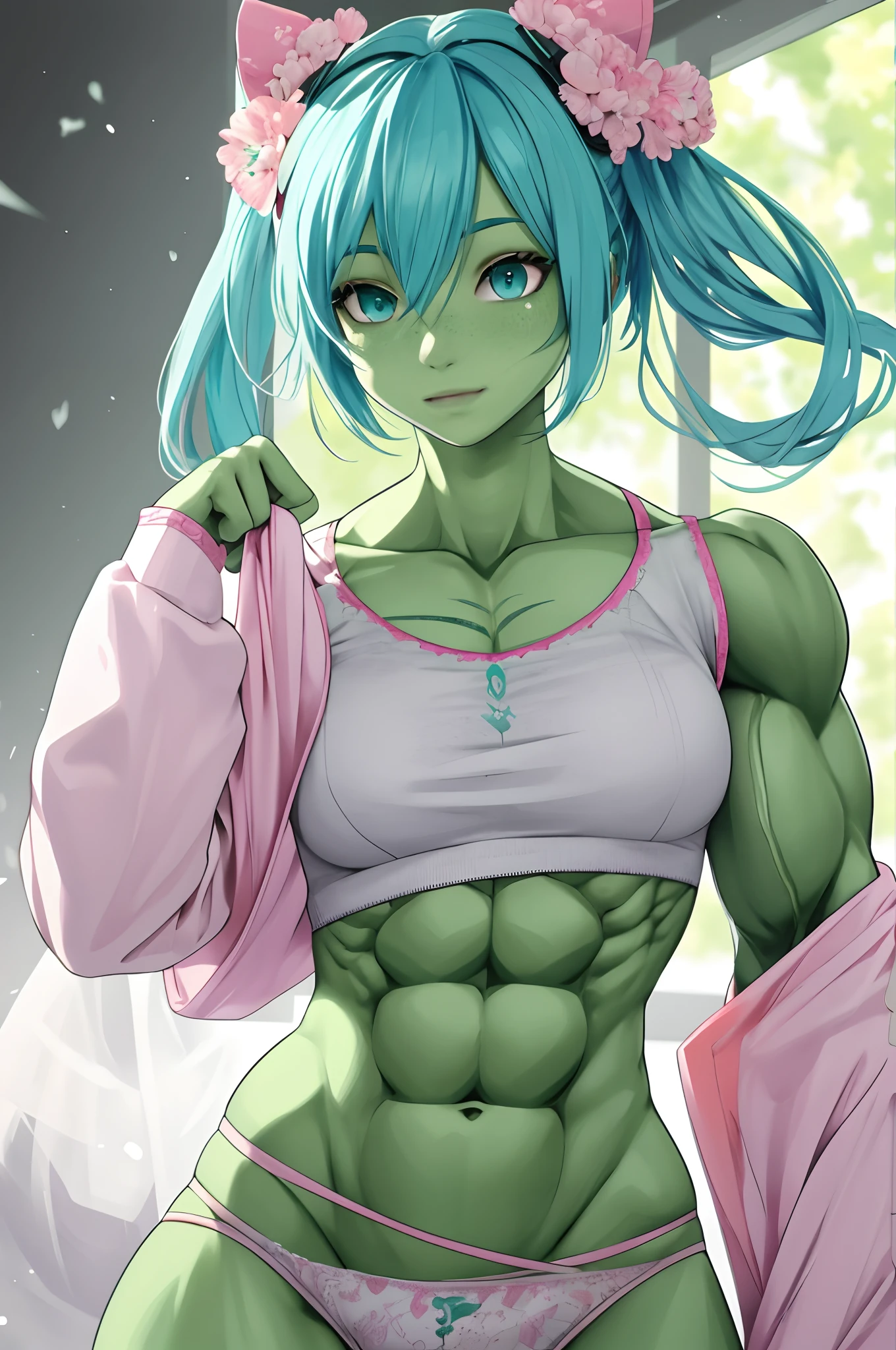 1girll, tmasterpiece, Best quality at best, 8K, detailed skin textures, Detailed cloth texture, Beautiful detailed face, intricately details, ultra - detailed, The green-skinned Hatsune Miku wears pink underwear, blue hairs, dynamicposes,Muscular female，Muscular,(Green skin)