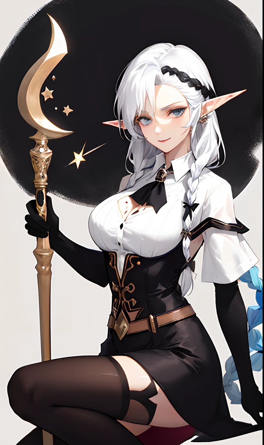 Sorceress((sexy mature woman)), elf ears, witch hat, long black stockings, magic staff, delicate face, braided hair,Star tattoo on chest ,solo, white shirt