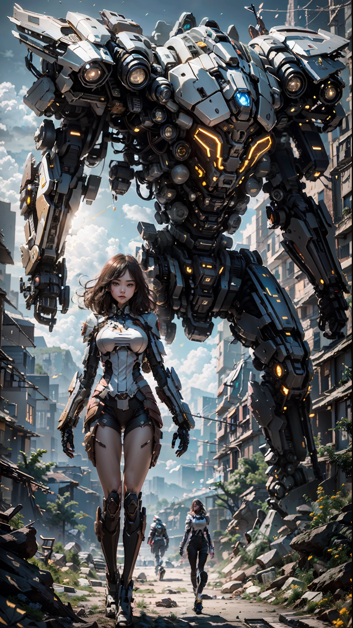 ((Best Quality)), ((Masterpiece)), (Very Detailed:1.3), 3D, Shitu-mecha, Beautiful cyberpunk woman with her pink mech in the ruins of a city in the forgotten war, Ancient technology, HDR (High Dynamic Range), ray tracing, NVIDIA RTX, super resolution, unreal 5, subsurface scattering, PBR texture, post-processing, anisotropic filtering, depth of field, maximum sharpness and sharpness, multi-layer texture, albedo and highlight maps, surface shading, Accurate simulation of light-material interactions, perfect proportions, octane rendering, duotone lighting, low ISO, white balance, rule of thirds, wide aperture, 8K RAW, efficient sub-pixels, subpixel convolution, luminescent particles, light scattering, Tyndall effect