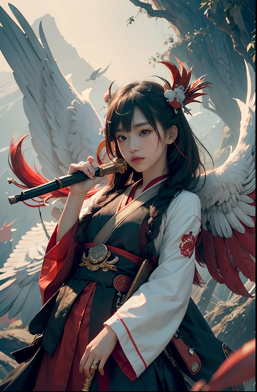 official art, unity 8k wallpaper, (high detail), beautiful and aesthetic, masterpiece, best quality,realistic,
Tengu mage, Tengu feathered fan, wind spell, tengu familiar, tengu mountain, shinto magic,
Delicate Illumination, Soft Highlights, Understated Depth,