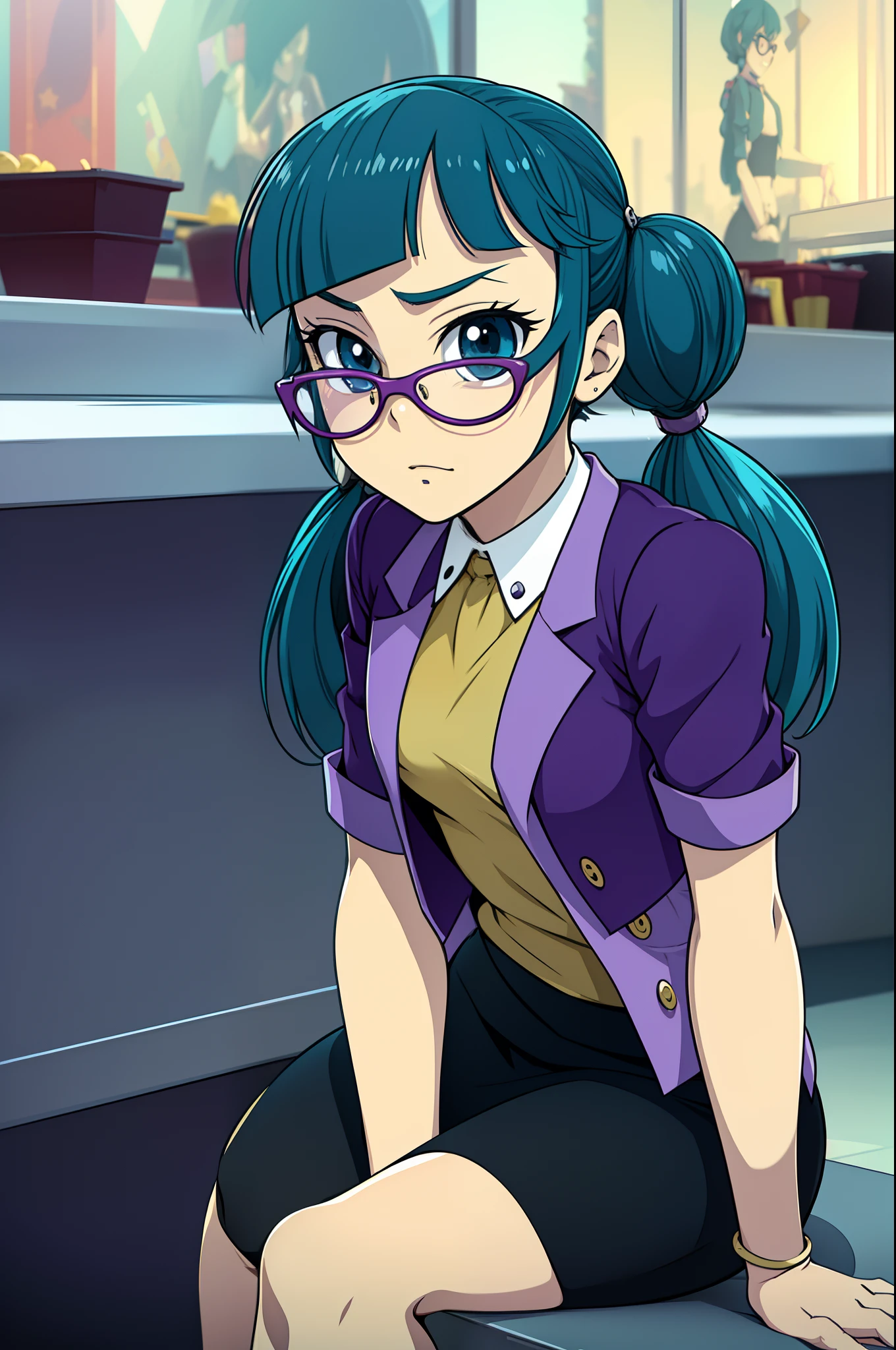 Juniper Installation, A girl, Aquacolor for hair, kino, uniform, kino, twin tails, blue eyes, hairpins, purple glasses, cinema, The body is completely, seat, Large screen, the movie, Sitting in a red chair, darkly