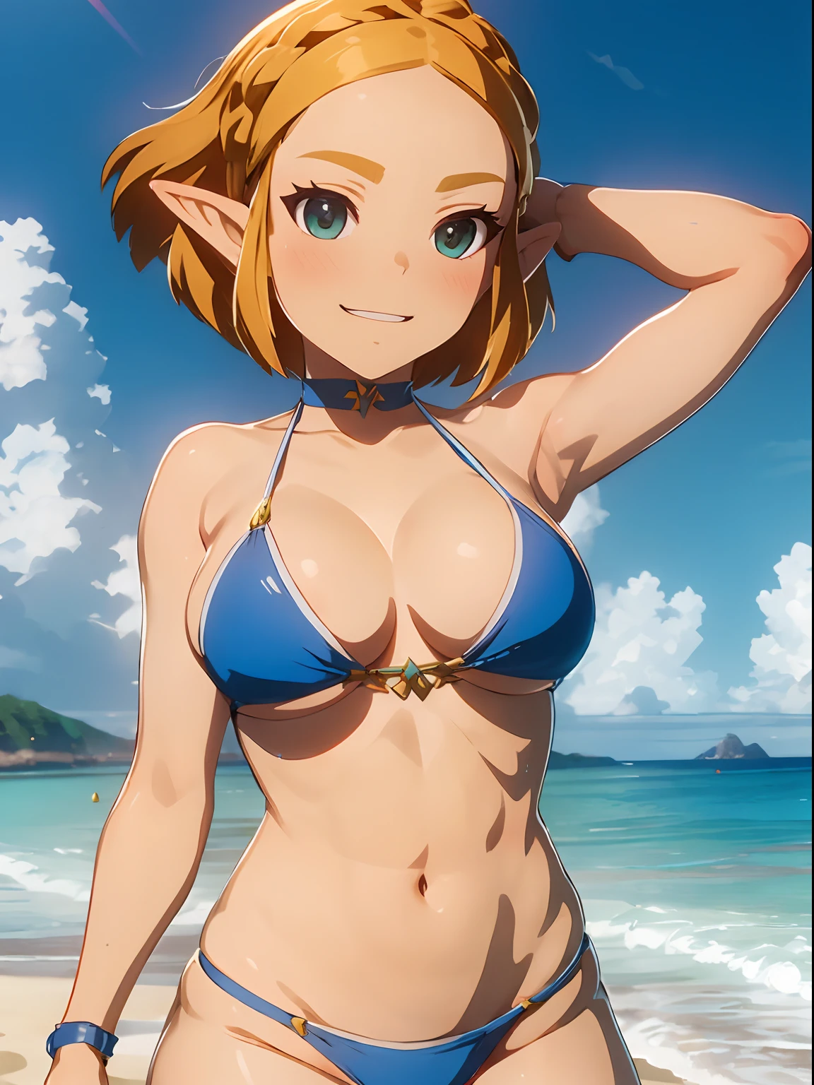 masutepiece, Best Quality, Highly detailed, (a short bob ,Naked, a , big laugh, zelda\(Princess\), adolable,Large breasts,Soft body ,bikini, extend right hand up, left arms behind head) , 1girl, beach, cowboy shot