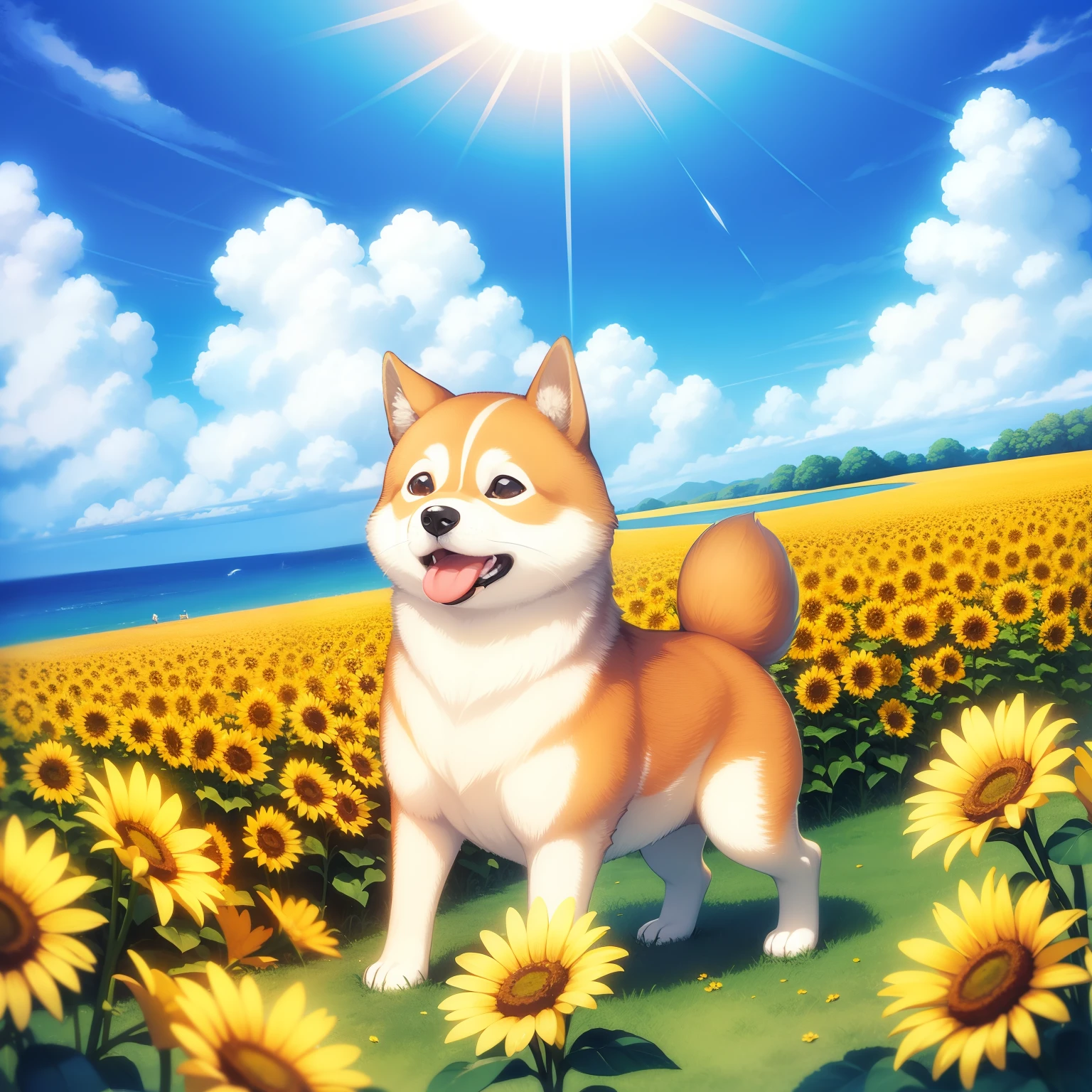 Sun flower、blue-sky、white clouds、Sunnyday、Beautiful scenery、Shiba dog