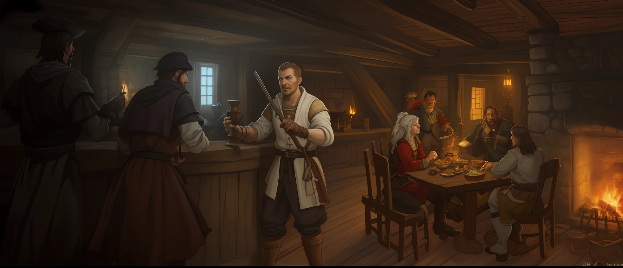 painting of a group of people in a room with a fire, pirates in a tavern, inside a tavern, tavern background, in a medieval tavern at night, a multidimensional cozy tavern, medieval tavern, in fantasy tavern near fireplace, fantasy tavern background, tavern, roleplaying game art, taverns nighttime lifestyle, by Aleksander Gine