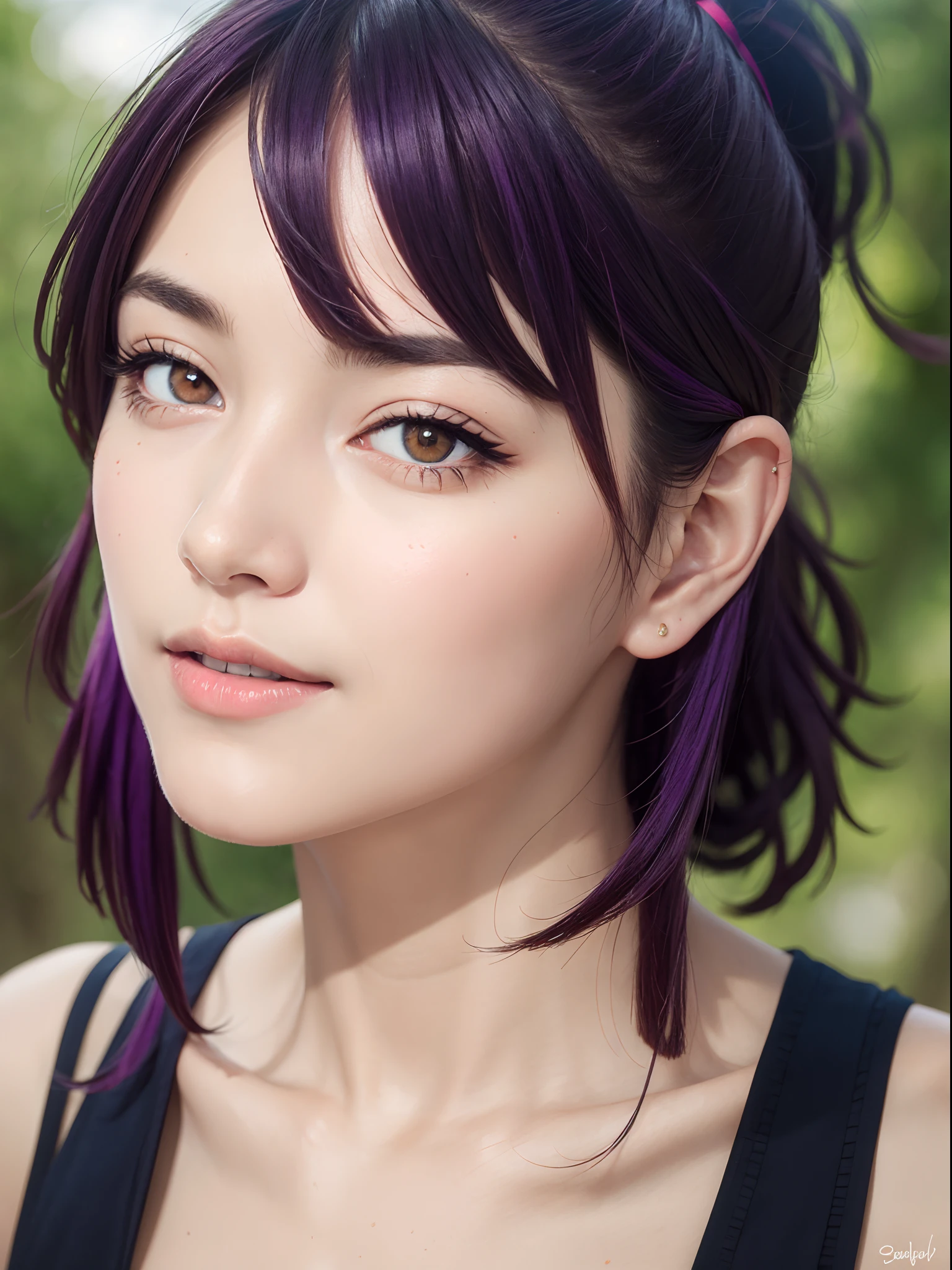 (masterpiece, best quality:1.4), (wide shot), (front shot), yuzuriha_(jigokuraku), (purple hair), brown eyes, cleavage, medium breasts, topknot, ninja, open clothes, sexy smile, looking at viewer, leaning forward, beautiful face, highly detailed face, highly detailed eyes, highly detailed skin, skin pores, subsurface scattering, realistic pupils, full face blush, full lips, detailed background, depth of field, volumetric lighting, sharp focus, absurdres, realistic proportions, good anatomy, (realistic, hyperrealistic:1.4), 16k hdr,