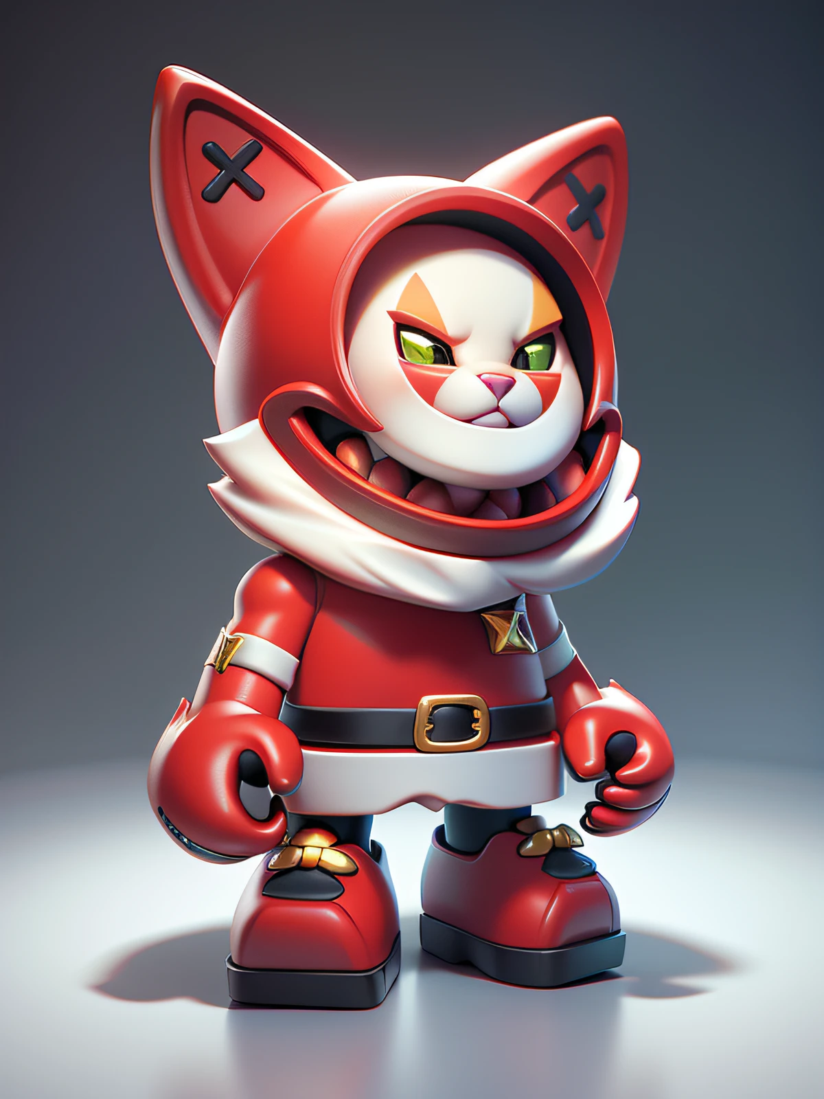 hyper HD, Masterpiece, Anatomically correct, ccurate, Textured skin, Super detail, High quality, High details, Award-Awarded, Best quality, santa,A high resolution,toys,feline face, vinyl toy figurine, toon rendering, 3D model,art toys collectible figurine, octan render,