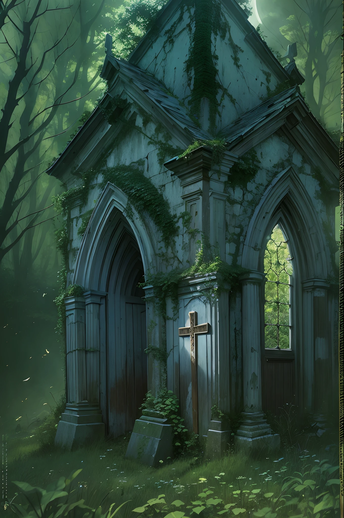 blueish moonlight，UHR，Black Forest，tombs，Thorns，Green light，casket，Abandoned church，crosses