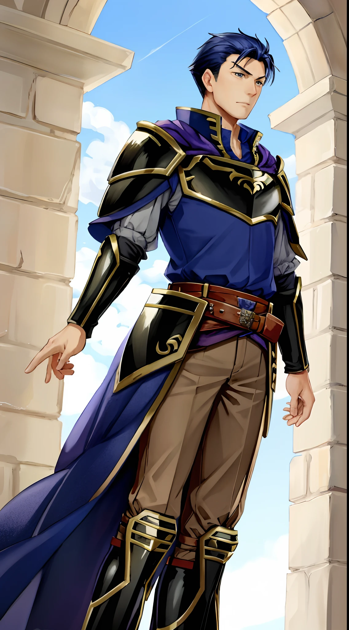 Hector Fey， Solo， looking at viewert， irate，disgust， mitts， 1boy， Male focus， Cloak， Armour， Shoulder armor， From below