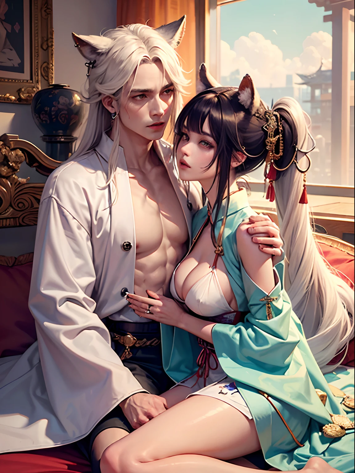 concept-art,"1 couple, Animal ears male focus, Beast ears,Beast tail, O cabelo multicolorido,Handsome boy,Long white hair, nipple tassels, By bangs,Colorful,Bold colors,White sexy kimono,(avas)komono,Female large breasts,Traditional Chinese clothing,closeup cleavage,Intimate interaction in bed,Look at each other,ear studs,Nipple Ring,sweat leggs,Illuminate people", rich colourful,Master composition,Focus on key people, photorealisti,tmasterpiece, awardwinning, best qualtiy, tmasterpiece, ultra - detailed, 8K, Extremely detailed CG unified 8k wallpaper, 复杂, highly detailed, realisticlying