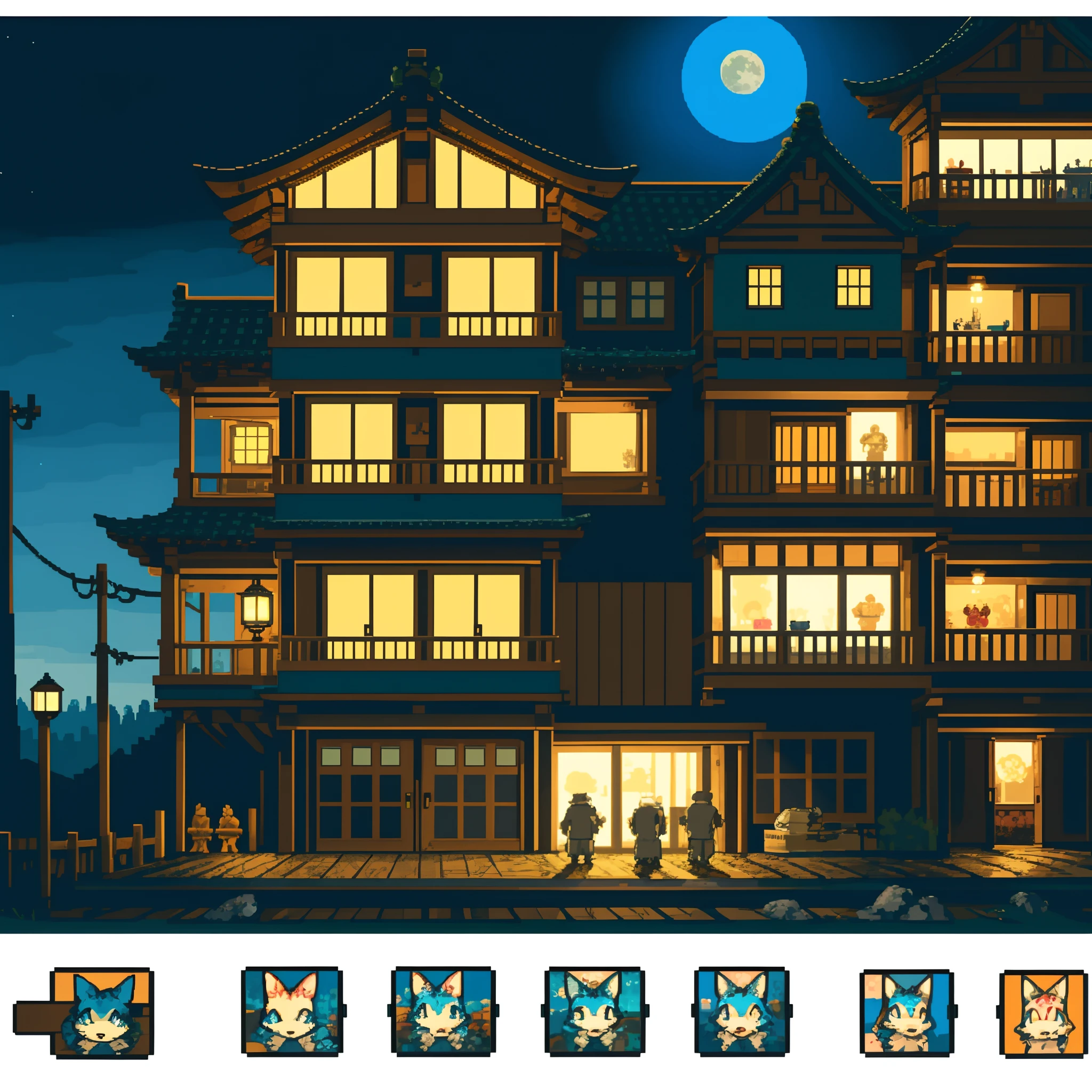 top quality, best quality, High-quality illustrations, masterpiece, super high resolution, highres, absurdres(highly detailed beautiful face and eyes)perfect anatomy, detailed background, User Interface of game, side view game, night, japanese house, deteriorated furniture, windows, moonlight, 6+boys, 6+girls, expression, good lighting, cinematic shadow(kemono, furry anthro)assorted poses,