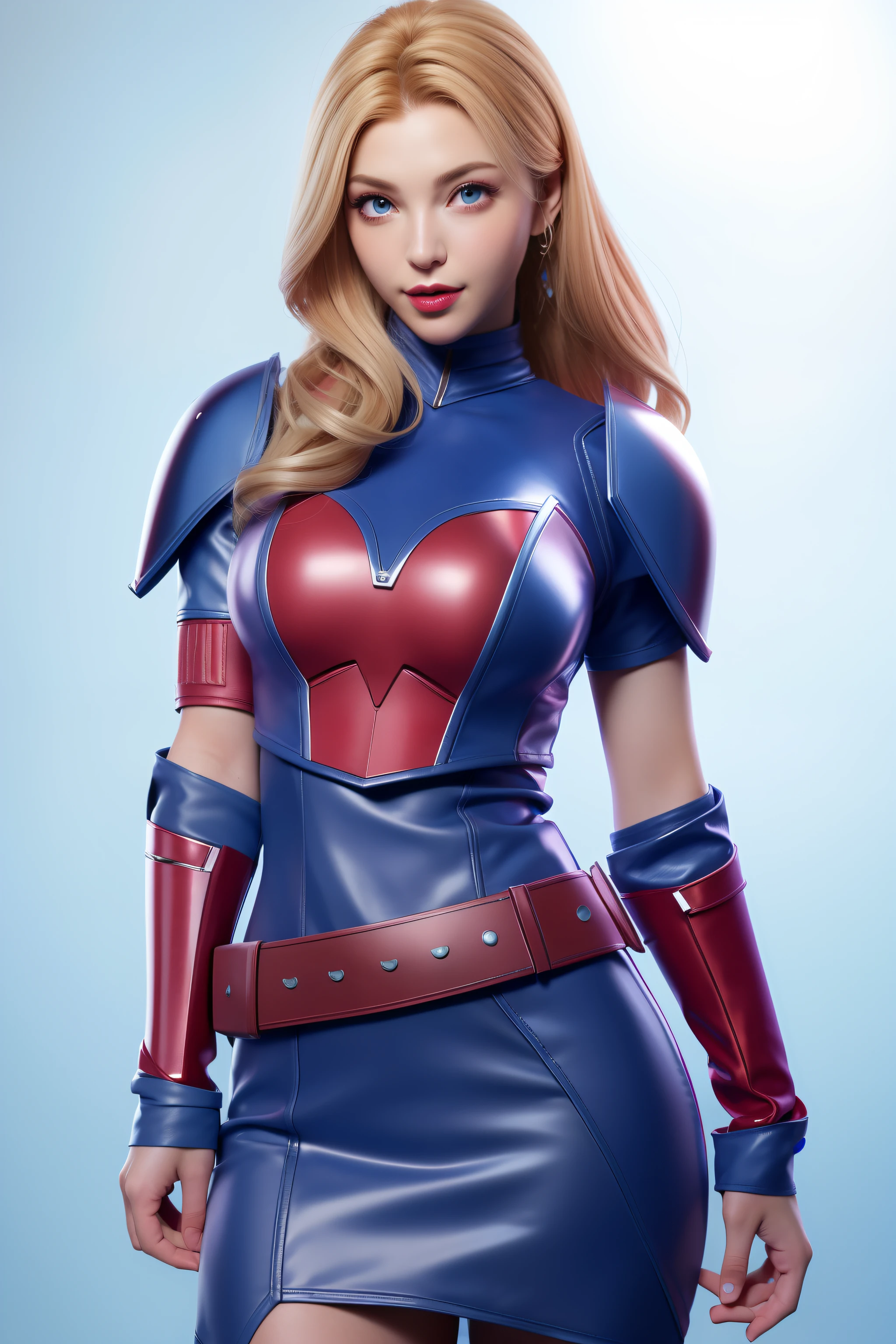 Beautiful Face Woman、a blond、a miniskirt、Blue background、 Beautuful Women、18year old、prety woman、hyper realistic photography、High-definition photos、red lipsticks、Mandalorian Style Metal Armor Skirt Suit、big eye、The skin is not exposed、Do not cut your head off the screen