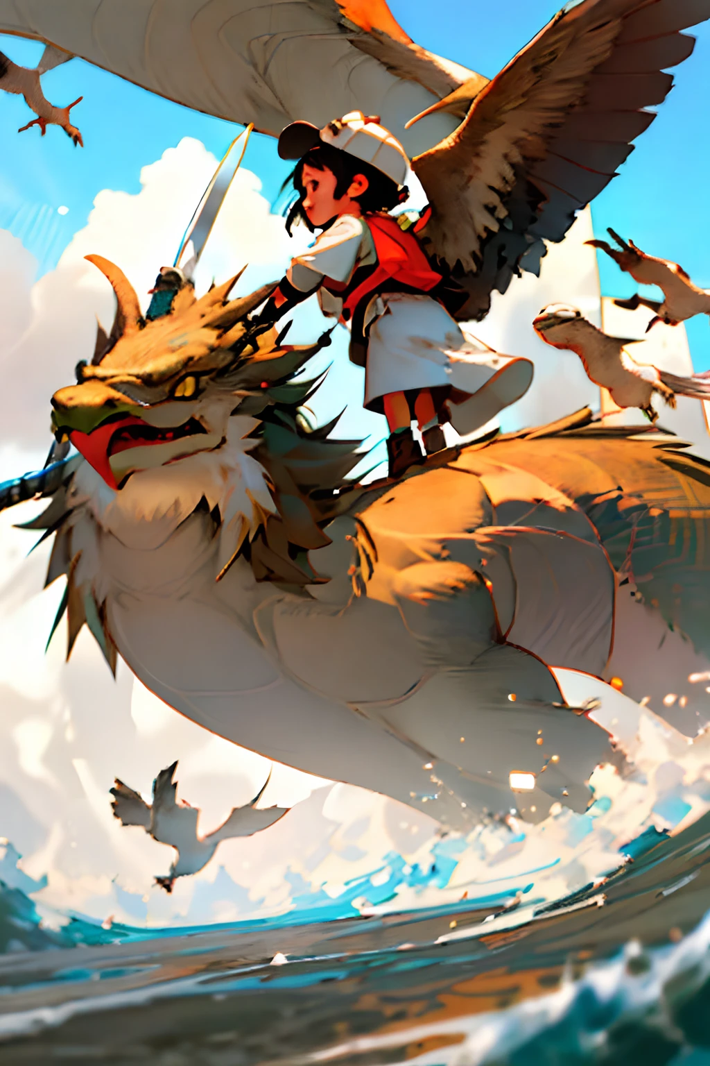 girl, letterboxed, holding, outdoors, bird, standing, cloud, 1boy, weapon, from behind, sky, cloudy sky, animal, holding weapon, eastern dragon, monster, 1other, hat, fog,