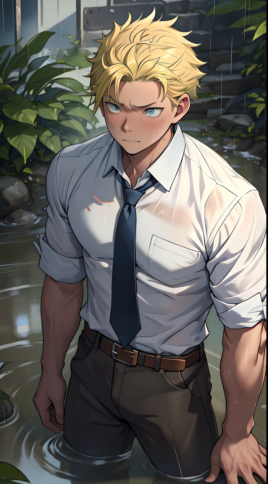 (1 Adult male),A high resolution, Sharp focus, Pixiv masterpiece, ((Complicated details)), highly detailed, natsuki_subaru, 1 man,Lying in the mud, Lazy,full bodyesbian, blue color eyes(eyes glowing), Short yellow hair,white shirt,Wear a tie,Wear a belt,perspire,rain,Drenched,Sweaty crotch,look from down
