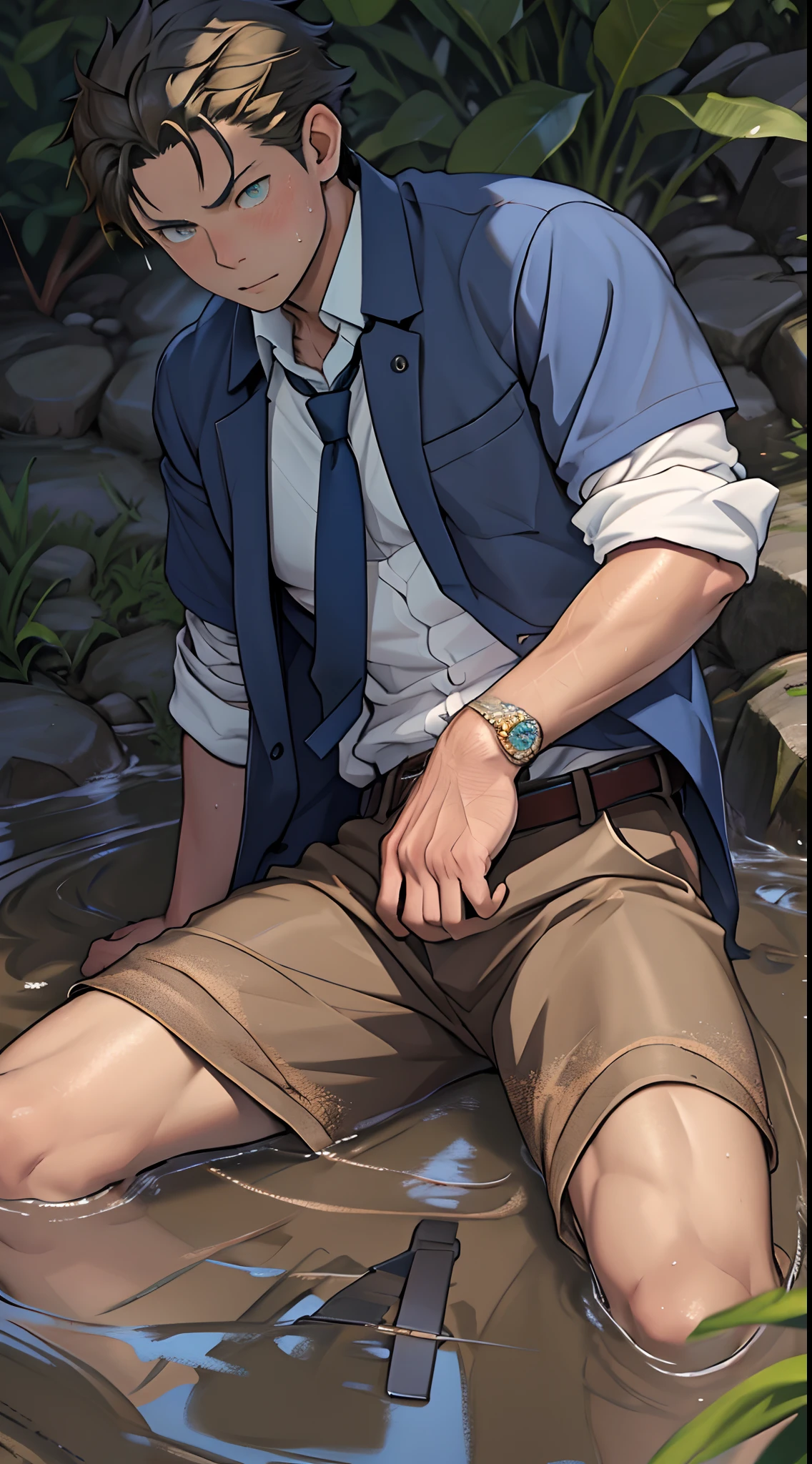 （1 Adult male），A high resolution， Sharp focus， Pixiv masterpiece， （（Complicated details））， highly  detailed， natsuki_subaru， 1 man，Lying in the mud， Lazy，full bodyesbian， blue color eyes（eyes glowing）， Short yellow hair，white  shirt，Wear a tie，Wear a belt，perspire，rain，Drenched，Sweaty crotch，look from down