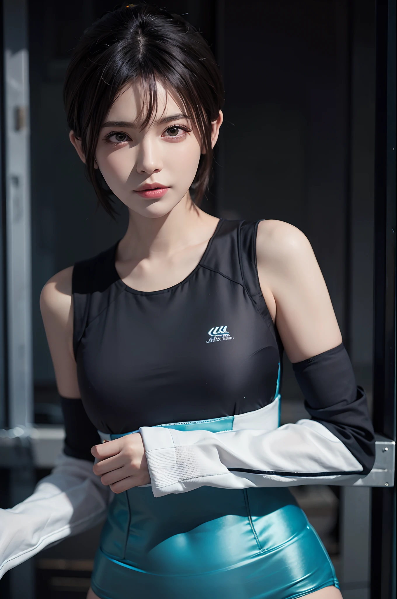 (masterpiece:1.3), (8k, photorealistic, RAW photo, best quality: 1.4), (1girl), beautiful face, (realistic face), (black hair, short hair:1.3), Nice hairstyle,photorealistic eye,Nice detail eyes,(Realistic skin),Beautiful skins,(Sweaters),absurd res,enticing,超高分辨率,Ultra photo realsisim,The is very detailed,the golden ratio.Close-up of a woman in a blue and green wetsuit, cute girl wearing tank suit, tight light blue neopren suits, Sporty, in a bathing suit, Lee Ji-eun, lee ji eun, wearing track and field suit, atheletic body, cute sportswear, shin min jeong, sport outfit, wearing a tights, Choi Hyun-hwa