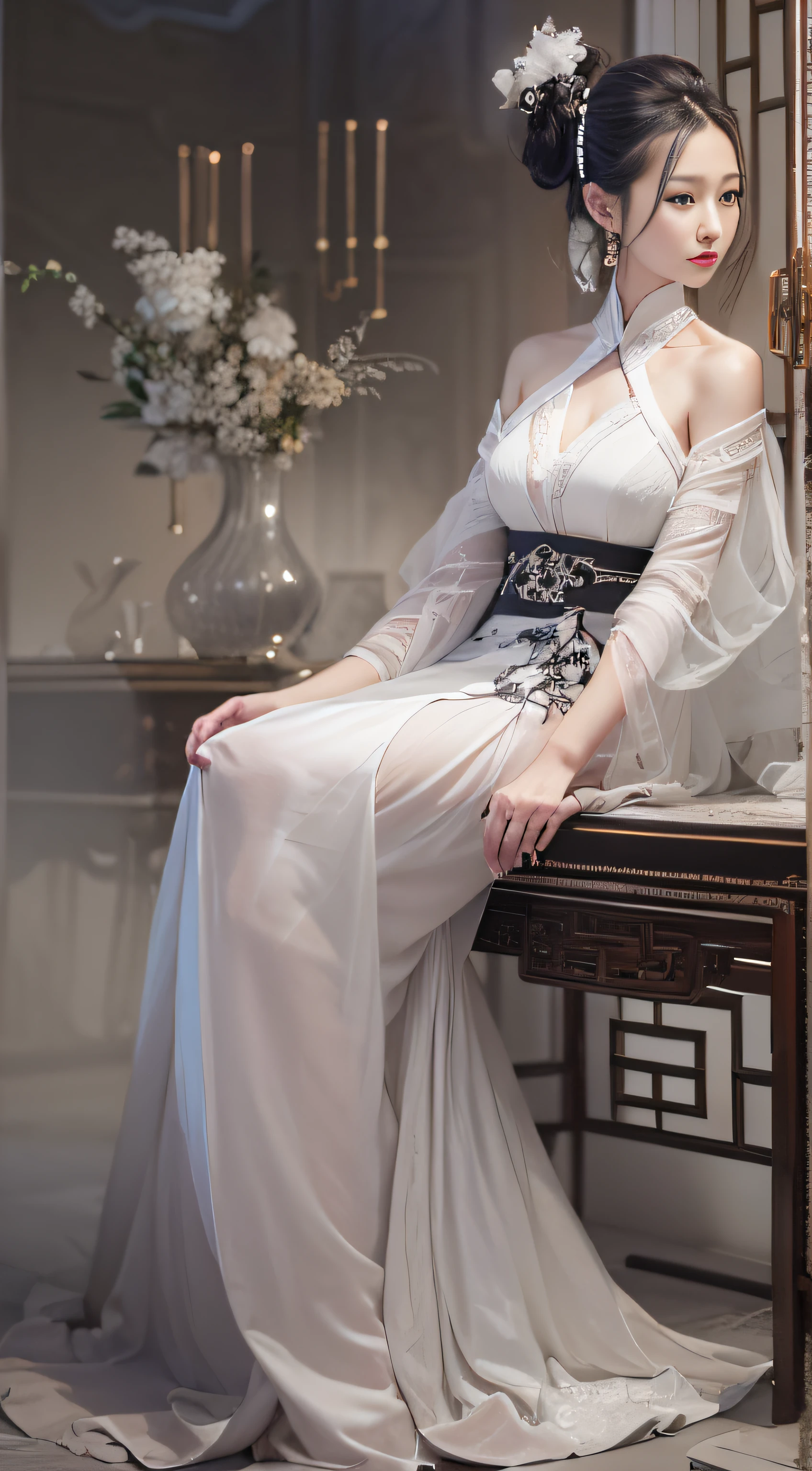 The best picture quality、Highest resolution、detail-rich,A Han girl,Elegant and dignified posture,exquisite facial features,black off the shoulder dress,Over-length skirt,white Heels,Chinese-style coiled hair,Stand in a room filled with light,Full body photo。