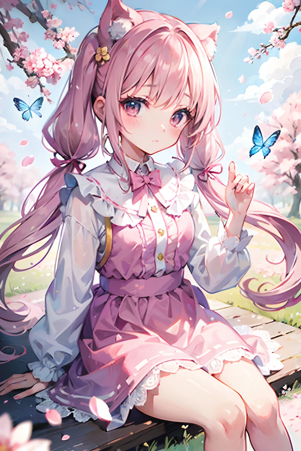 The embodiment of adorable in anime form, a young girl with big round eyes that sparkle like stars, rosy cheeks, and a button nose, her hair tied up in playful pigtails adorned with ribbons, wearing a frilly pastel dress with a pattern of cute animals, surrounded by a field of blooming cherry blossoms and small fluttering butterflies, Illustration, soft pastel colors and gentle brushstrokes