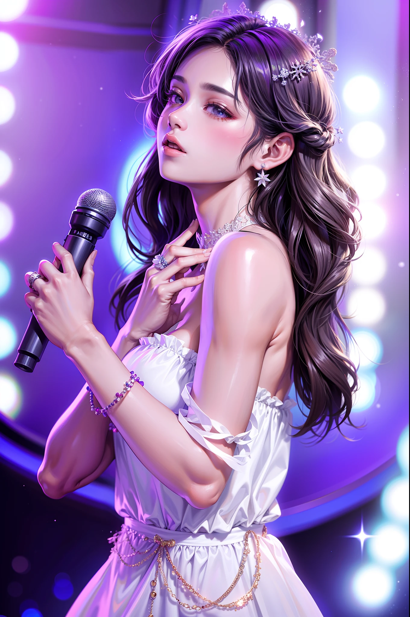 tmasterpiece,Need,super-fine,Semi-realistic，Close-up of a woman in a white dress holding a microphone, bae suzy, jia, blackpink jennie, jaeyeon nam, Shot on Canon EOS R 6, 8K Artgerm bokeh, shaxi, tiffany, hwang se - on, Choi Hyun-hwa, gongbi, IU, park jimin, vague background