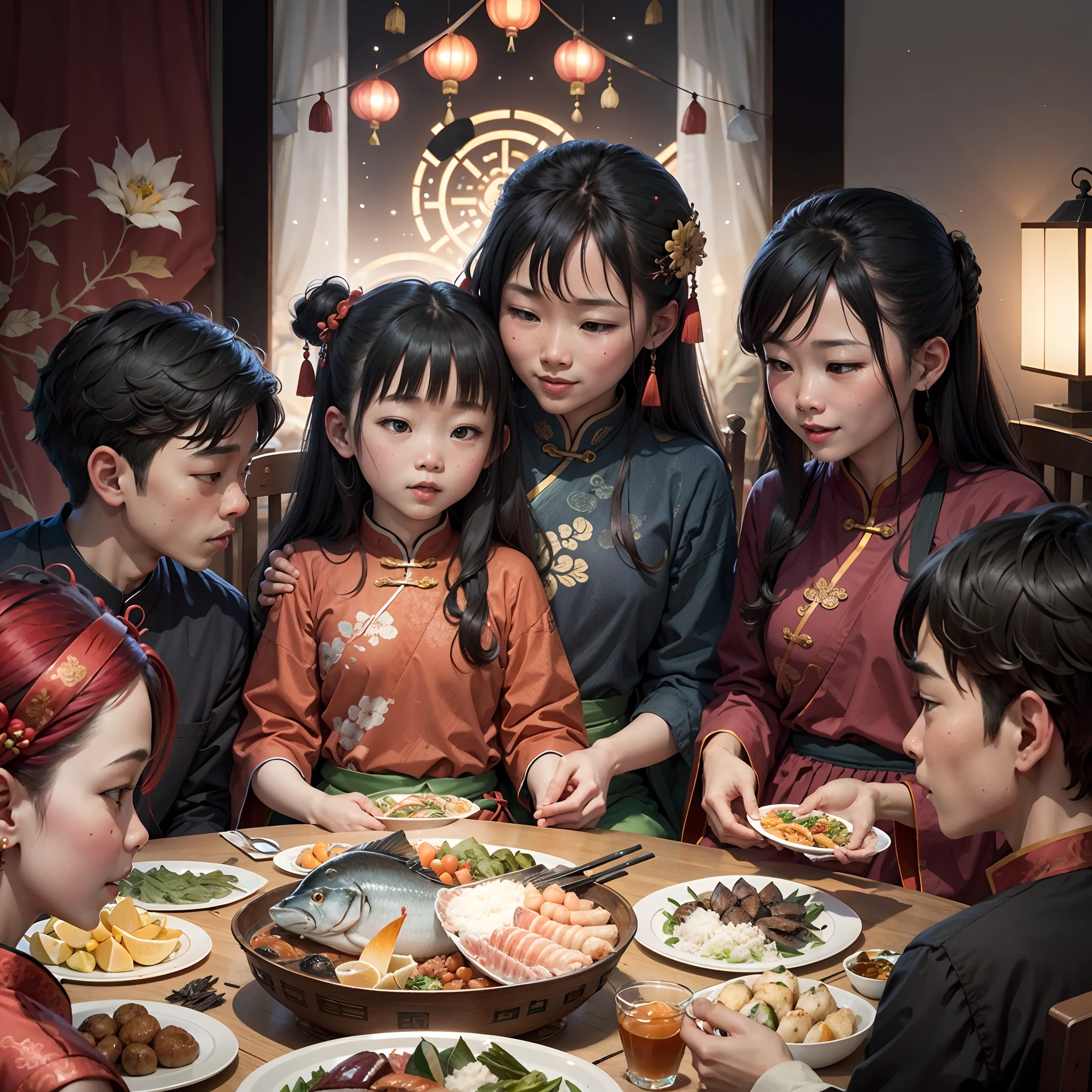 Photo of family sitting around the dining table,The table is filled with a variety of seafood,The children and elders of the governor rejoiced,Family dinner,Chinese New Year's Eve night、New Year background