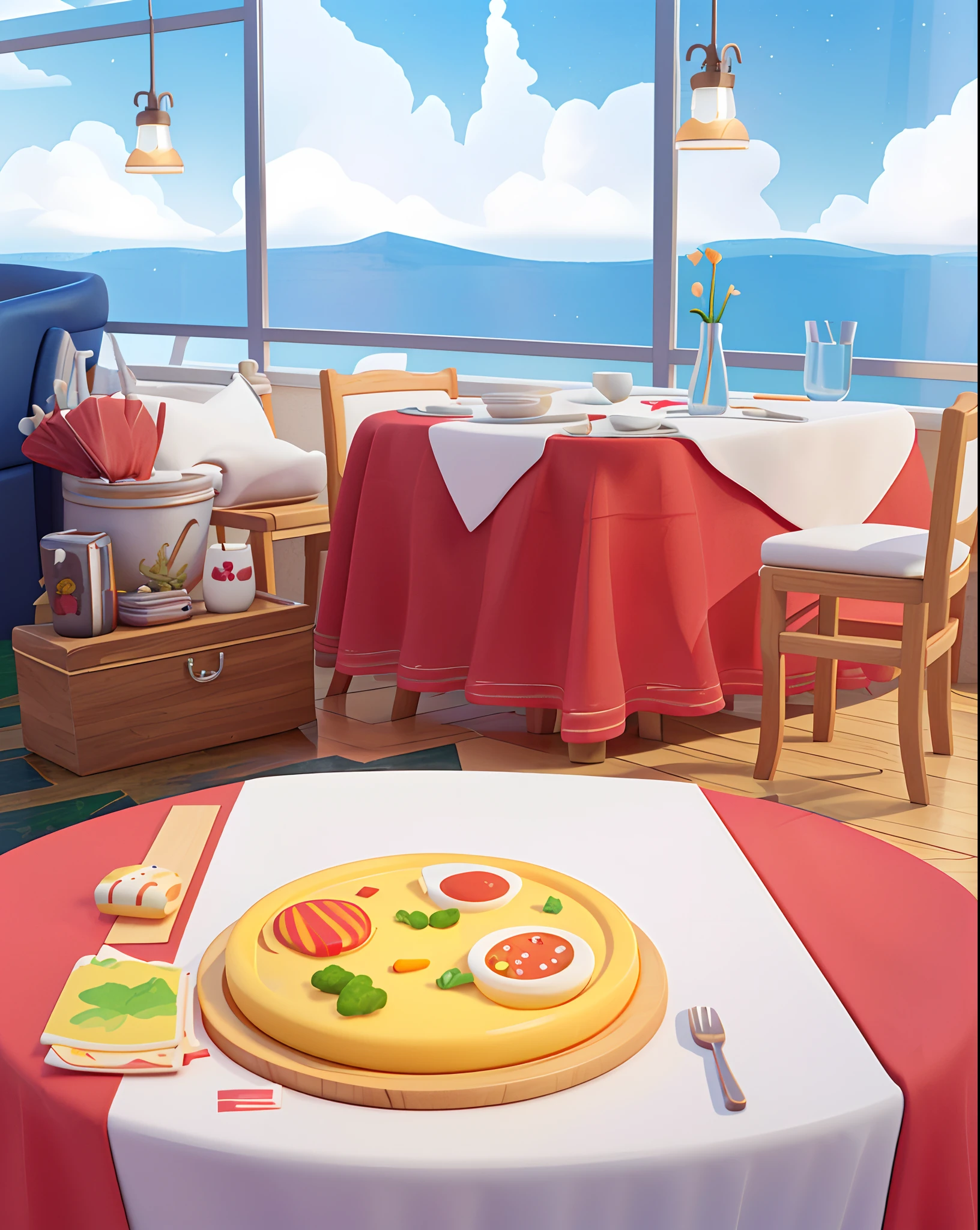 Bright restaurant,delicacies,Red and white tablecloths,Wooden seat 3D illustration,3D illustration,8K cartoon illustration,Detailed scenes,Official artwork,2.5D illustration,Official illustration,A beautiful artwork illustration,detailed photo of virtual world