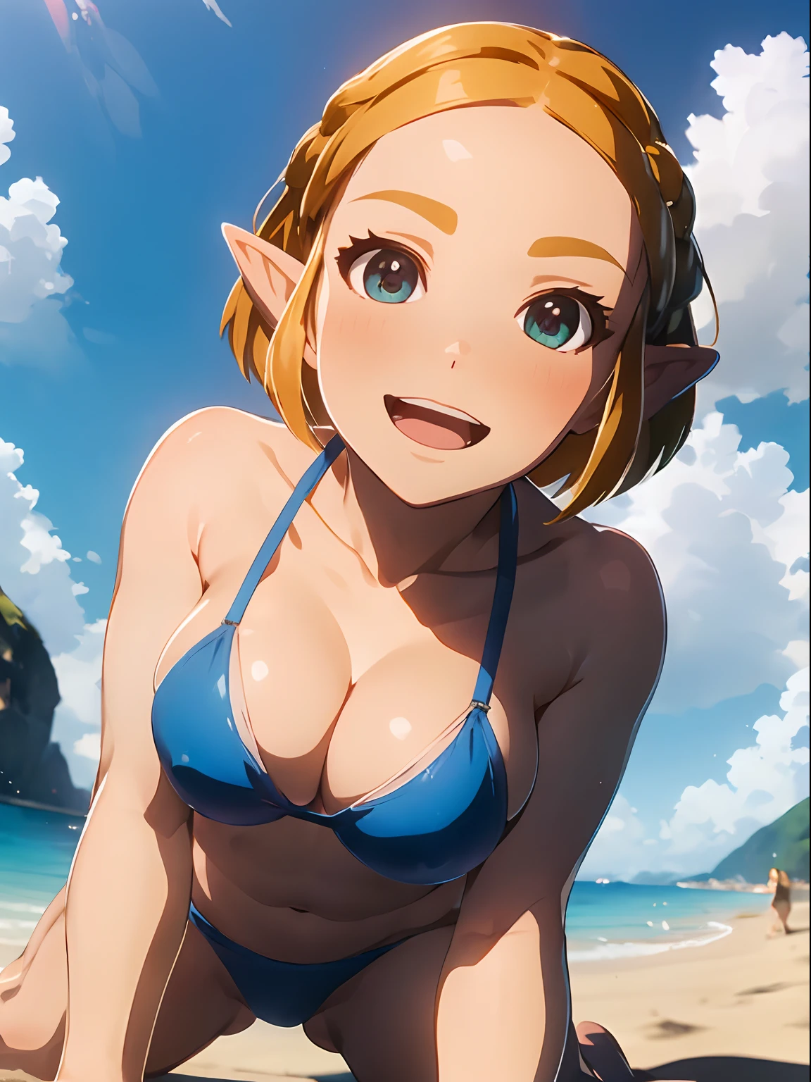 masutepiece, Best Quality, Highly detailed, (a short bob ,Naked, a , big laugh, zelda\(Princess\), adolable，Large breasts，looking up, Looking at Viewer,Soft body ,bikini,all fours) , 1girl, beach,from below,