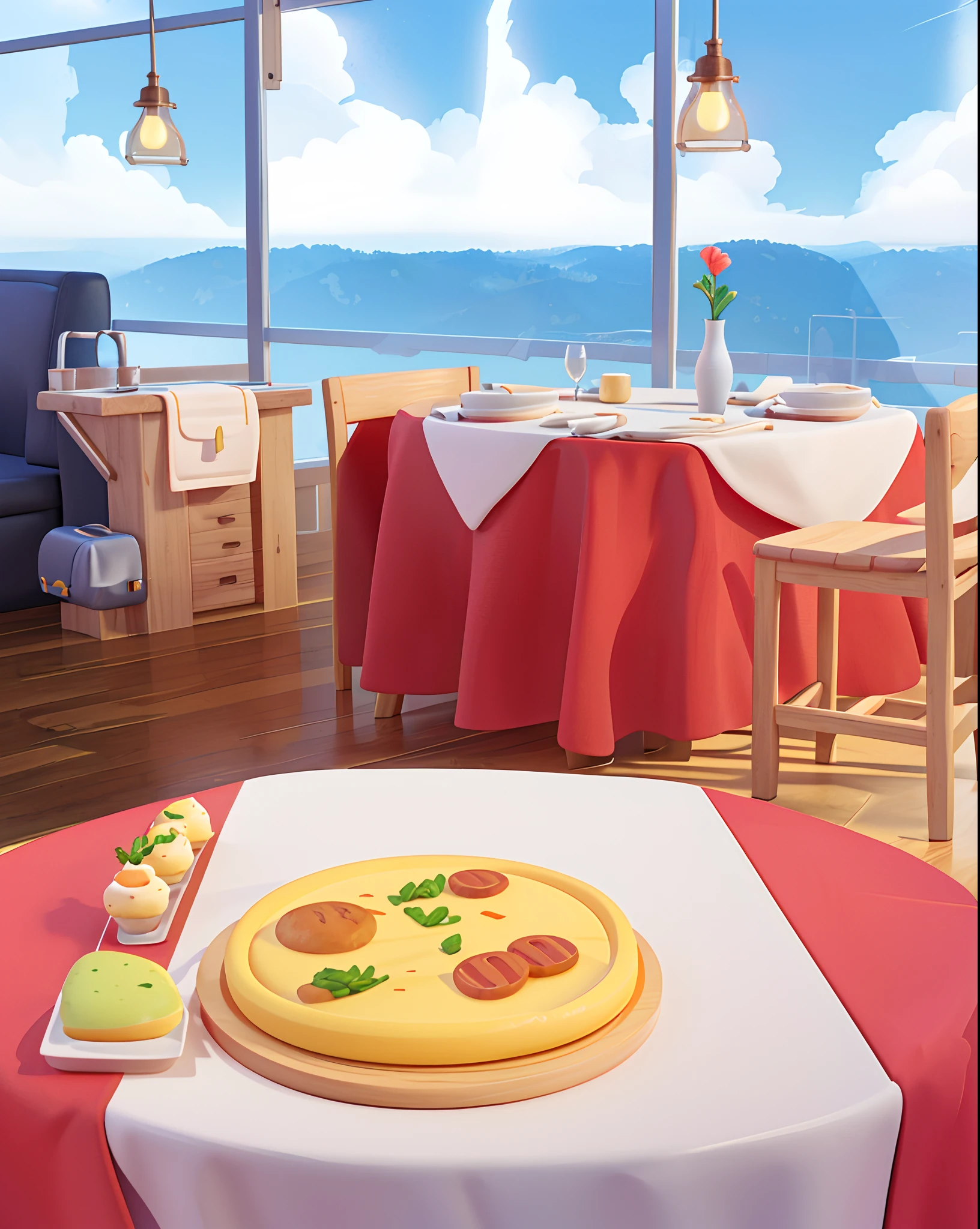 Bright restaurant,delicacies,Red and white tablecloths,Wooden seat 3D illustration,3D illustration,8K cartoon illustration,Detailed scenes,Official artwork,2.5D illustration,Official illustration,A beautiful artwork illustration,detailed photo of virtual world