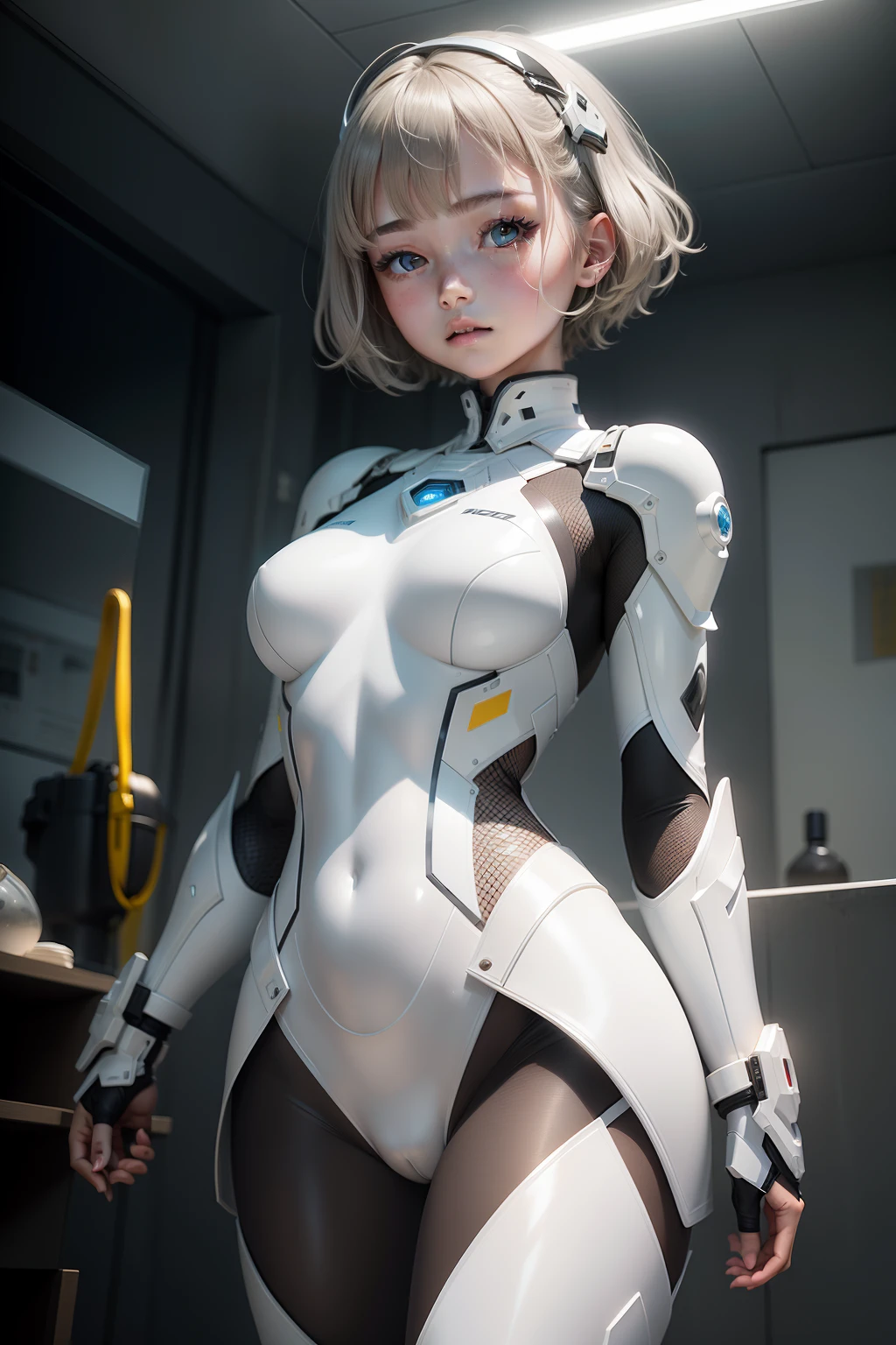 girl、White Cybersuit、short dull hair、bionde、beautiful countenance、masterpiece、intricate-detail、perfect anatomia