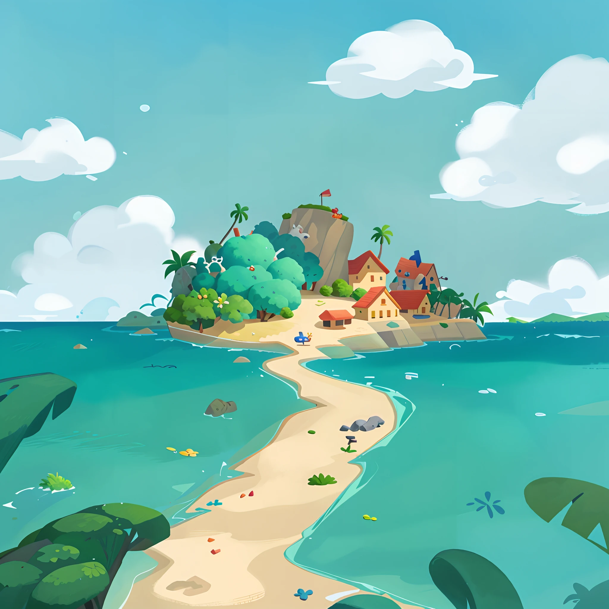 Cartoon illustration of the beach，There is a path to the island, Island background, an island in the background, island with cave, island landscape, An island, flying rocky island, many islands, On an island, tropical island, magical island, scattered islands, Island of Myths, flying islands, Mobile game background, offcial art, inspired by Luigi Kasimir, arte de fundo