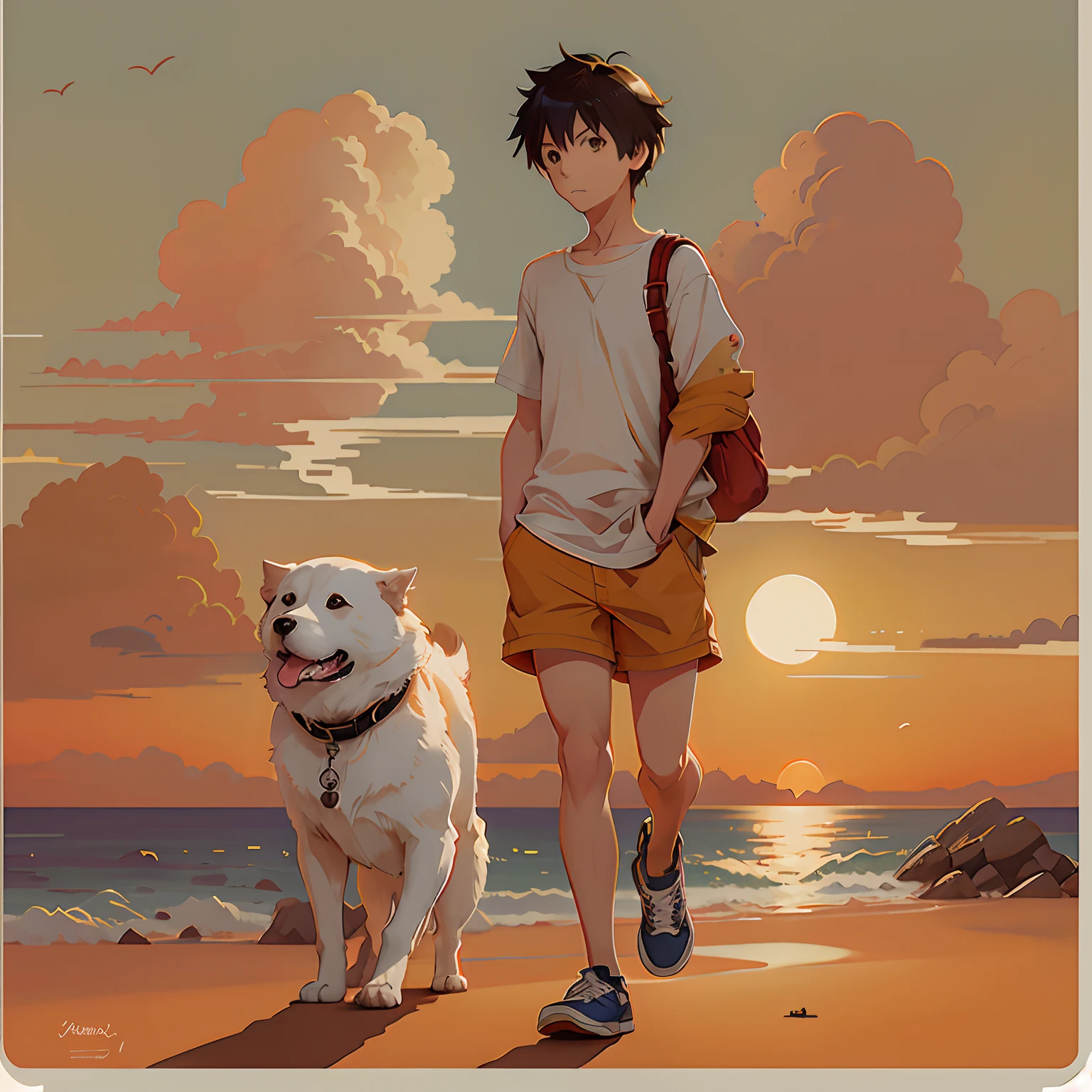 Anime boy walking on the beach with dog at sunset, rob rey and kentaro miura style, Makoto Shinkai's style, makoto shinkai art style, in the style of makoto shinkai, Guweiz e Makoto Shinkai, greg rutkowski makoto shinkai, Makoto Shinkai Cyril Rolando, ( ( Makoto Shinkai ) )