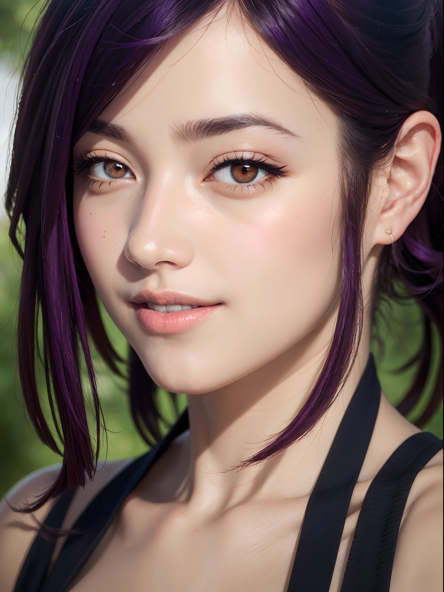 (masterpiece, best quality:1.4), (wide shot), (front shot), yuzuriha_(jigokuraku), (purple hair), brown eyes, cleavage, medium breasts, topknot, ninja, open clothes, sexy smile, looking at viewer, leaning forward, beautiful face, highly detailed face, highly detailed eyes, highly detailed skin, skin pores, subsurface scattering, realistic pupils, full face blush, full lips, detailed background, depth of field, volumetric lighting, sharp focus, absurdres, realistic proportions, good anatomy, (realistic, hyperrealistic:1.4), 16k hdr,