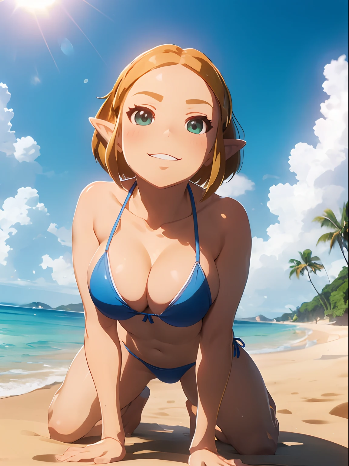 masutepiece, Best Quality, Highly detailed, (a short bob ,Naked, a baby face, big laugh,closed mouth, zelda\(Princess\), adolable,Large breasts,looking up, Looking at Viewer,Soft body ,bikini,all fours) , 1girl, beach,from below,