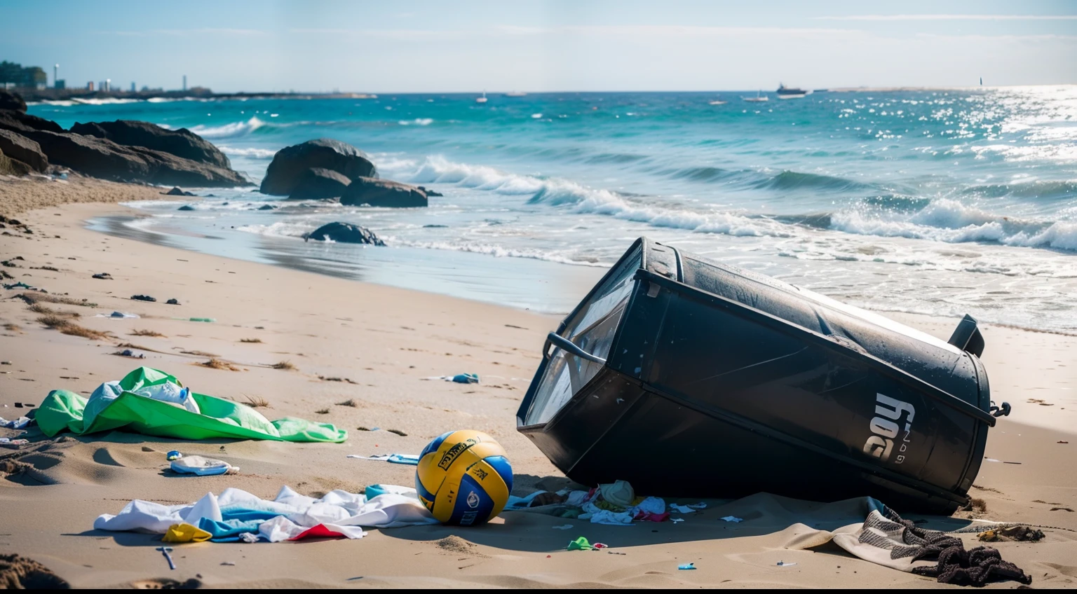 A lot of messy garbage on the beach was shot away by volleyballs