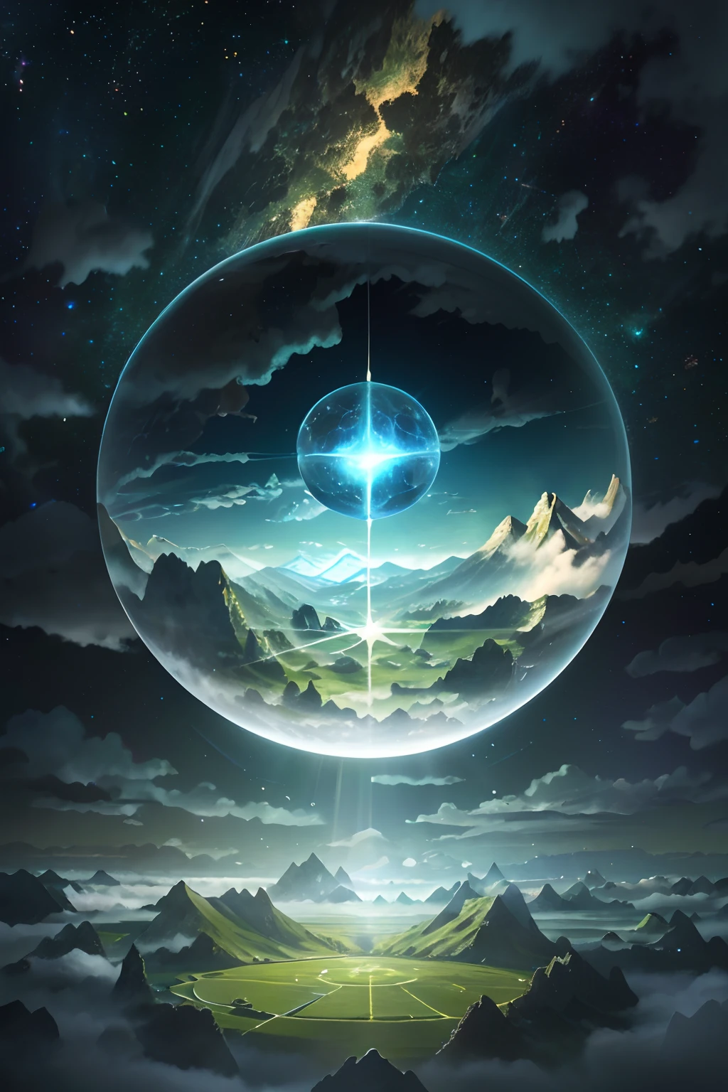 A giant mirror sphere floating in space, flickering lights, sad hamster lost (heaven like green fields surrounded by high mountains and clouds:1.3), particles in the air, god rays, stars in the background, intricate fractals, detailed, (illustration), masterpiece, high resolution, best quality.