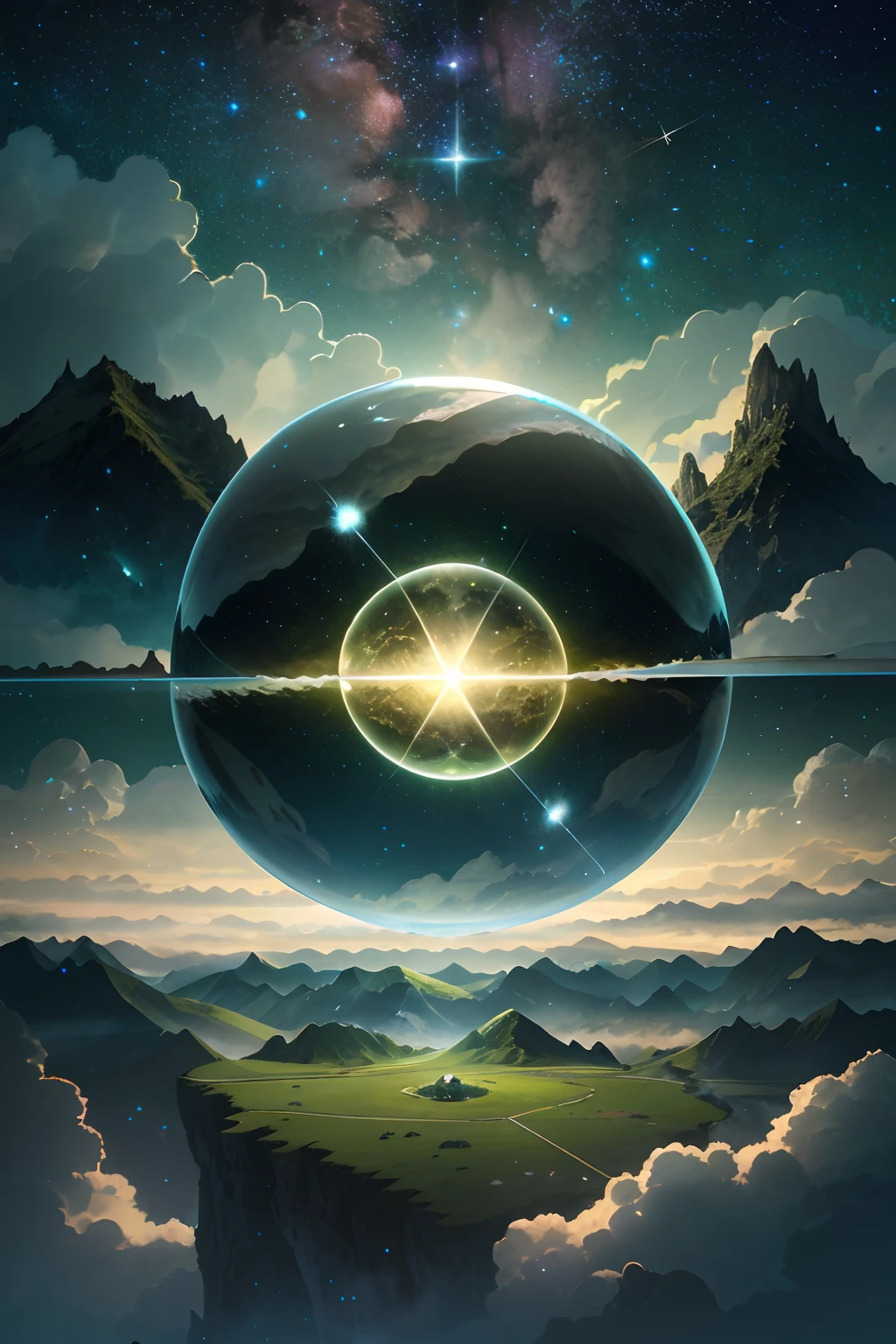 A giant mirror sphere floating in space, flickering lights, sad hamster lost (heaven like green fields surrounded by high mountains and clouds:1.3), particles in the air, god rays, stars in the background, intricate fractals, detailed, (illustration), masterpiece, high resolution, best quality.