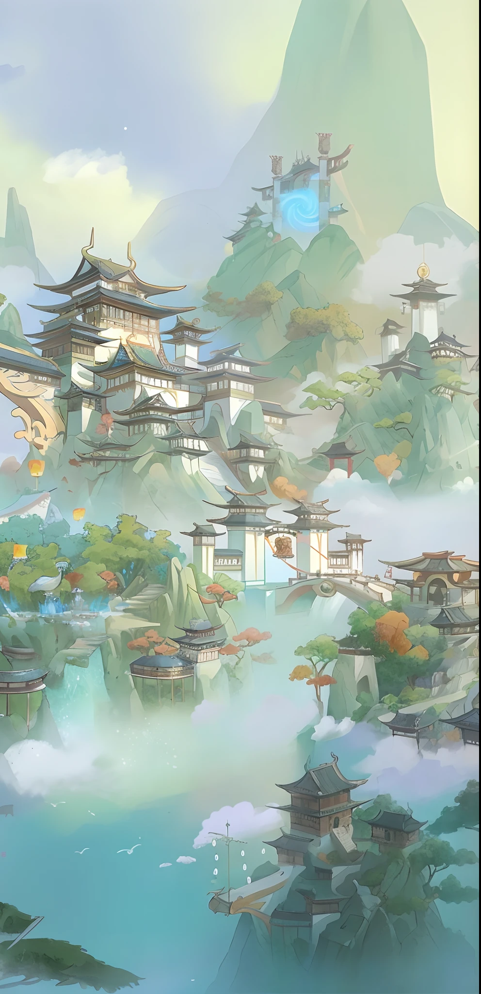 There is a painting of a mountain，There is a Chinese building in the middle, G Liulian art style, Anime landscape concept art, Fantastic chinoiserie architecture, Traditional Chinese concept art, beautiful concept art, Temple background, arte de fundo, beautiful detailed concept art, Chinese fantasy, high-quality concept art, concept art highly detailed, colorful concept art, ross tran. scenery background